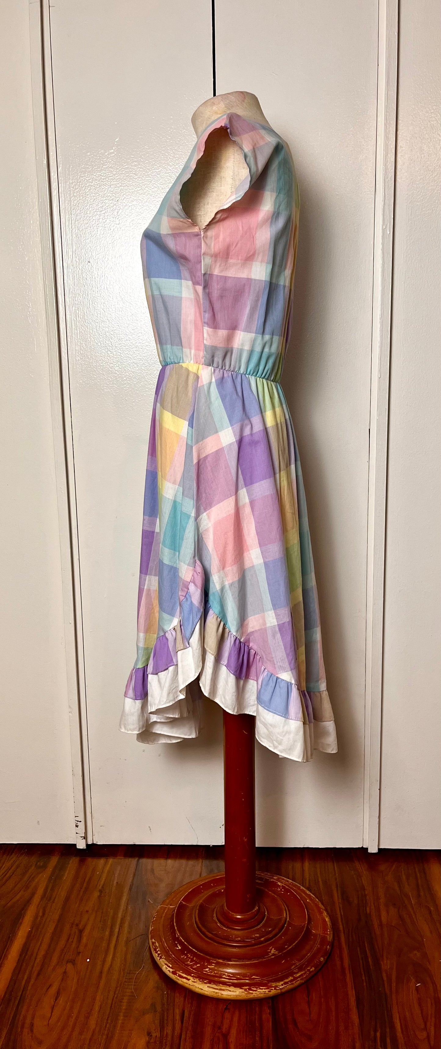 Vintage 1980's Pastel Rainbow Plaid & Ruffle Midi Dress