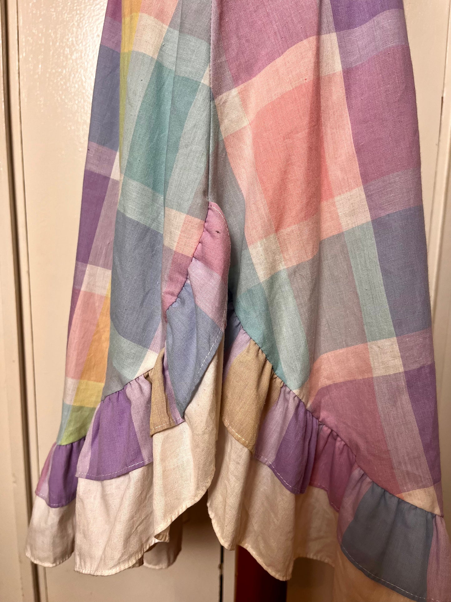 Vintage 1980's Pastel Rainbow Plaid & Ruffle Midi Dress