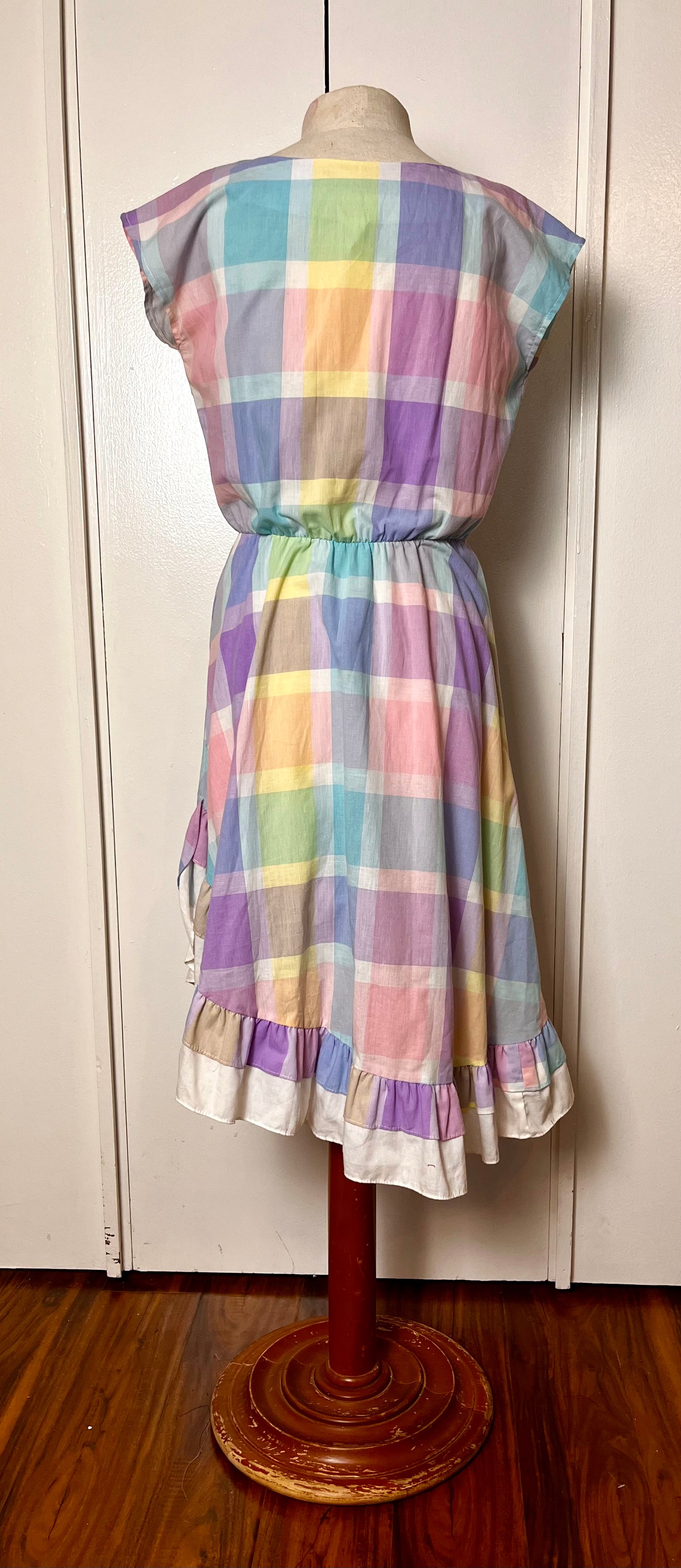 Vintage 1980's Pastel Rainbow Plaid & Ruffle Midi Dress