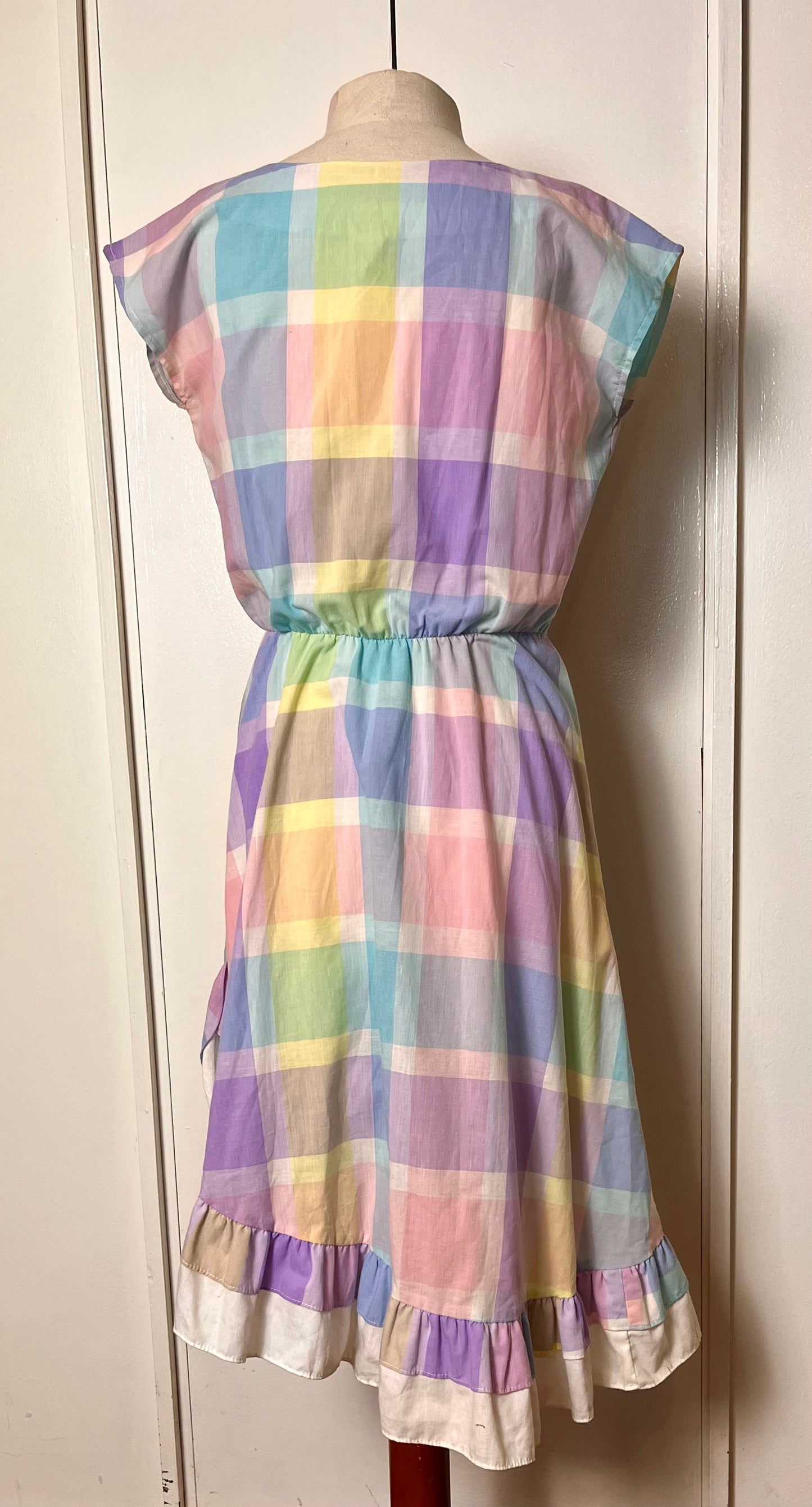 Vintage 1980's Pastel Rainbow Plaid & Ruffle Midi Dress