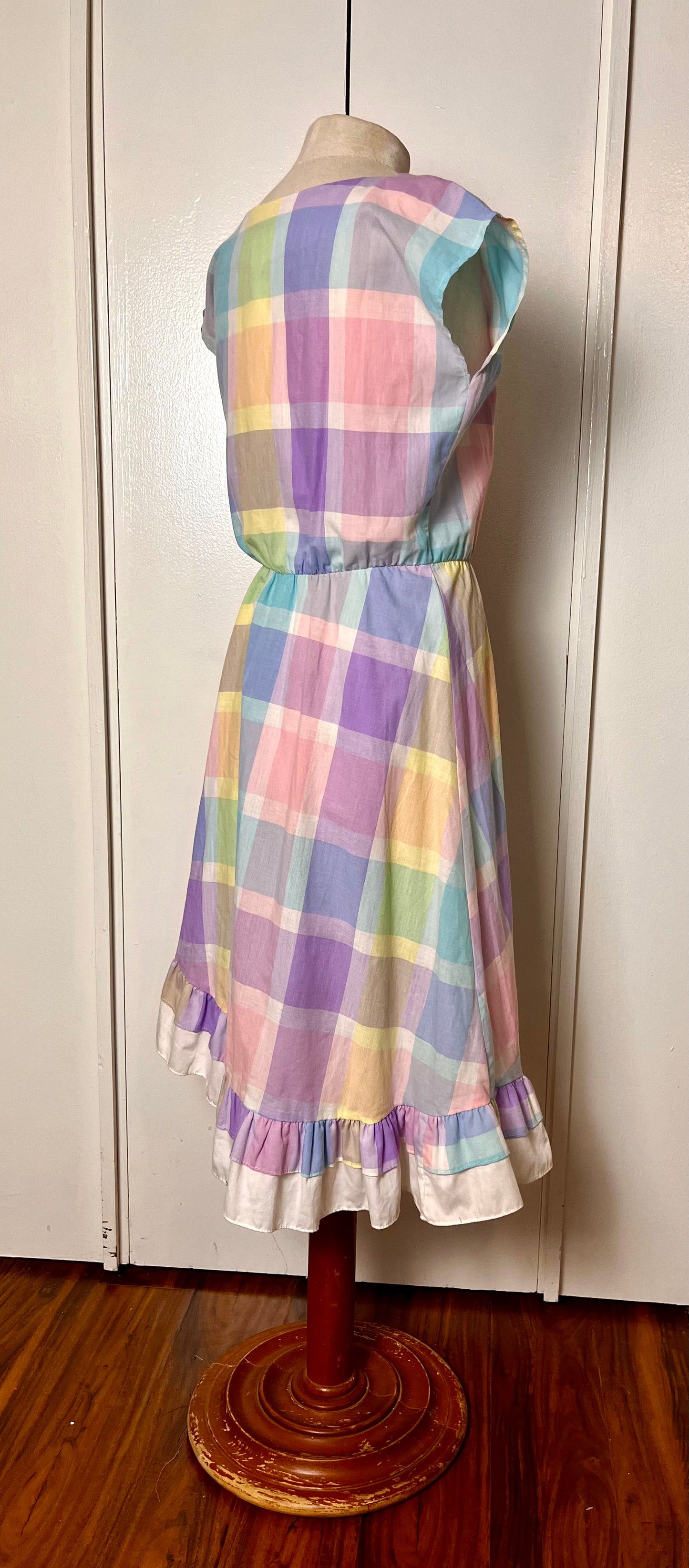 Vintage 1980's Pastel Rainbow Plaid & Ruffle Midi Dress