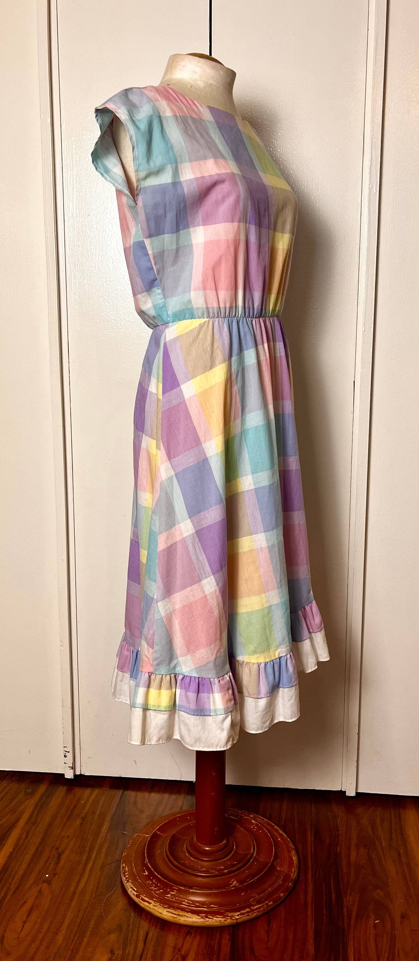 Vintage 1980's Pastel Rainbow Plaid & Ruffle Midi Dress