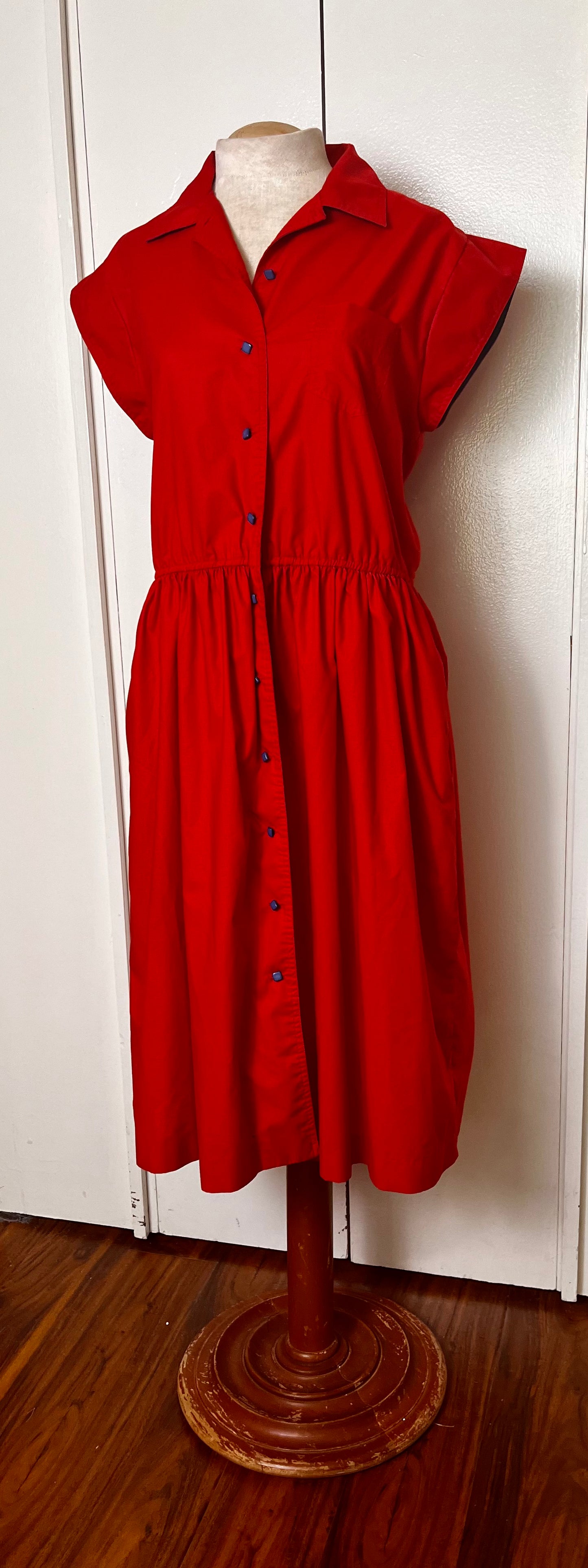 Vintage 1980's Red & Blue Button-Front Vented Day Dress