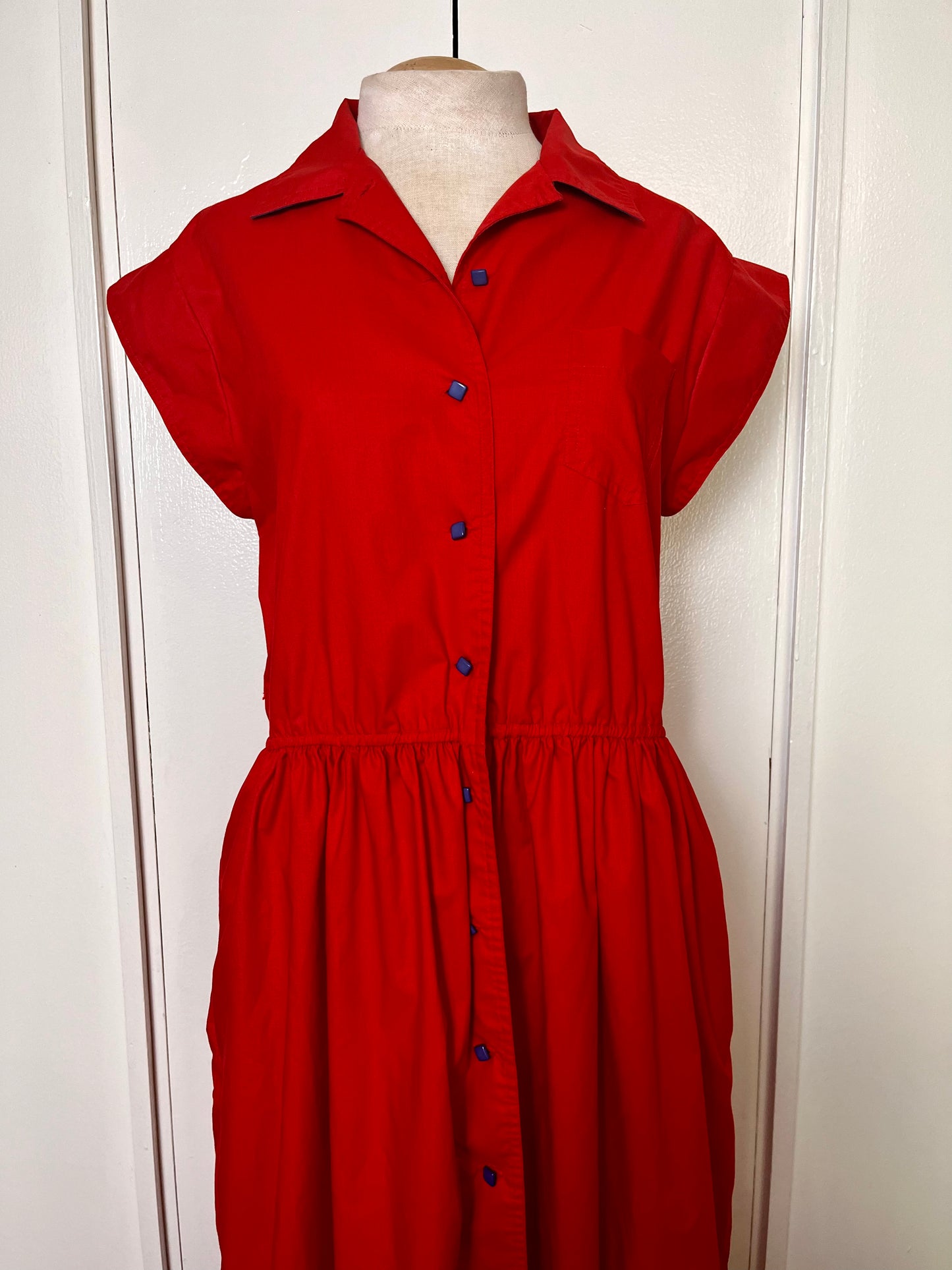 Vintage 1980's Red & Blue Button-Front Vented Day Dress