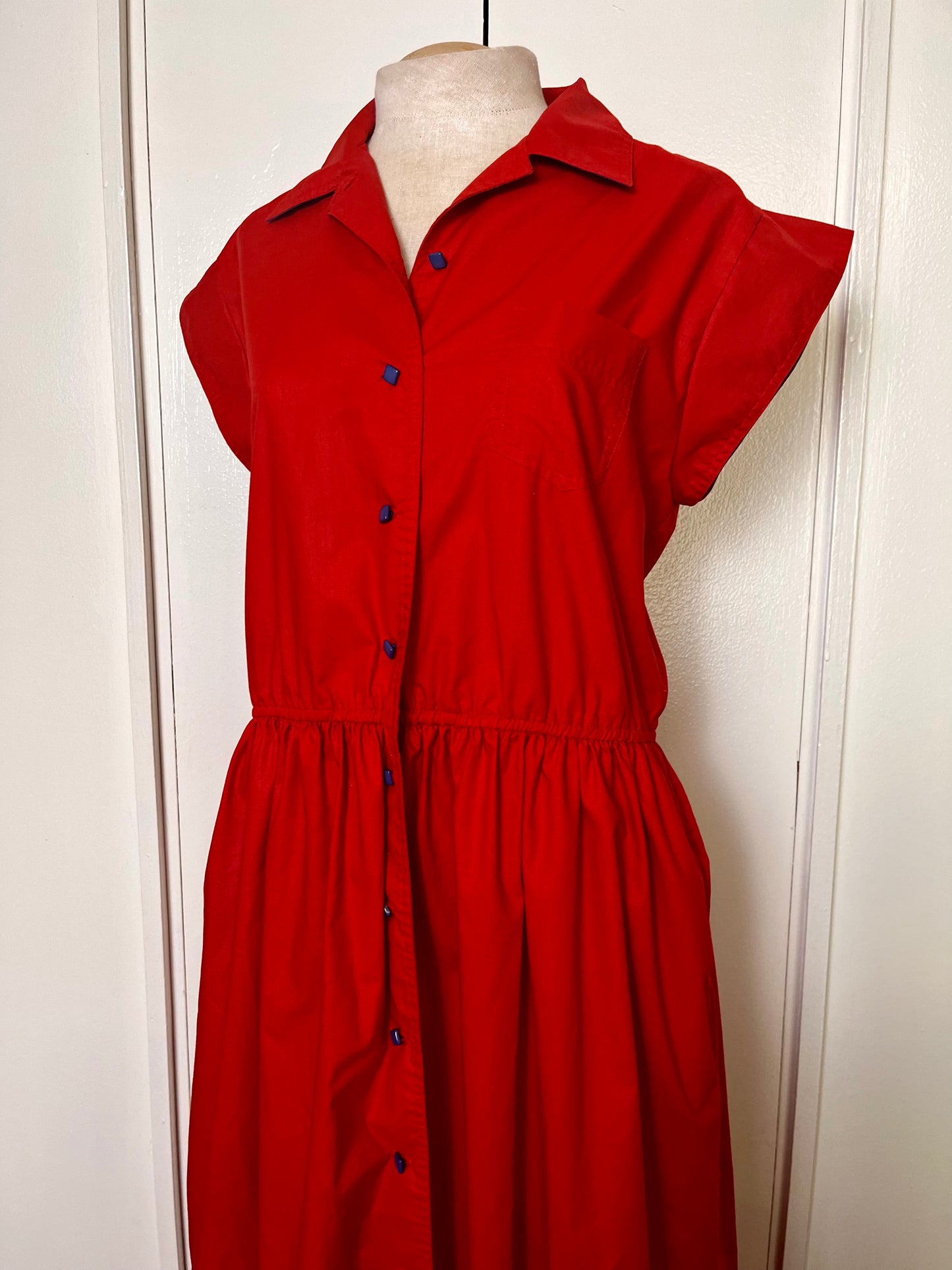 Vintage 1980's Red & Blue Button-Front Vented Day Dress