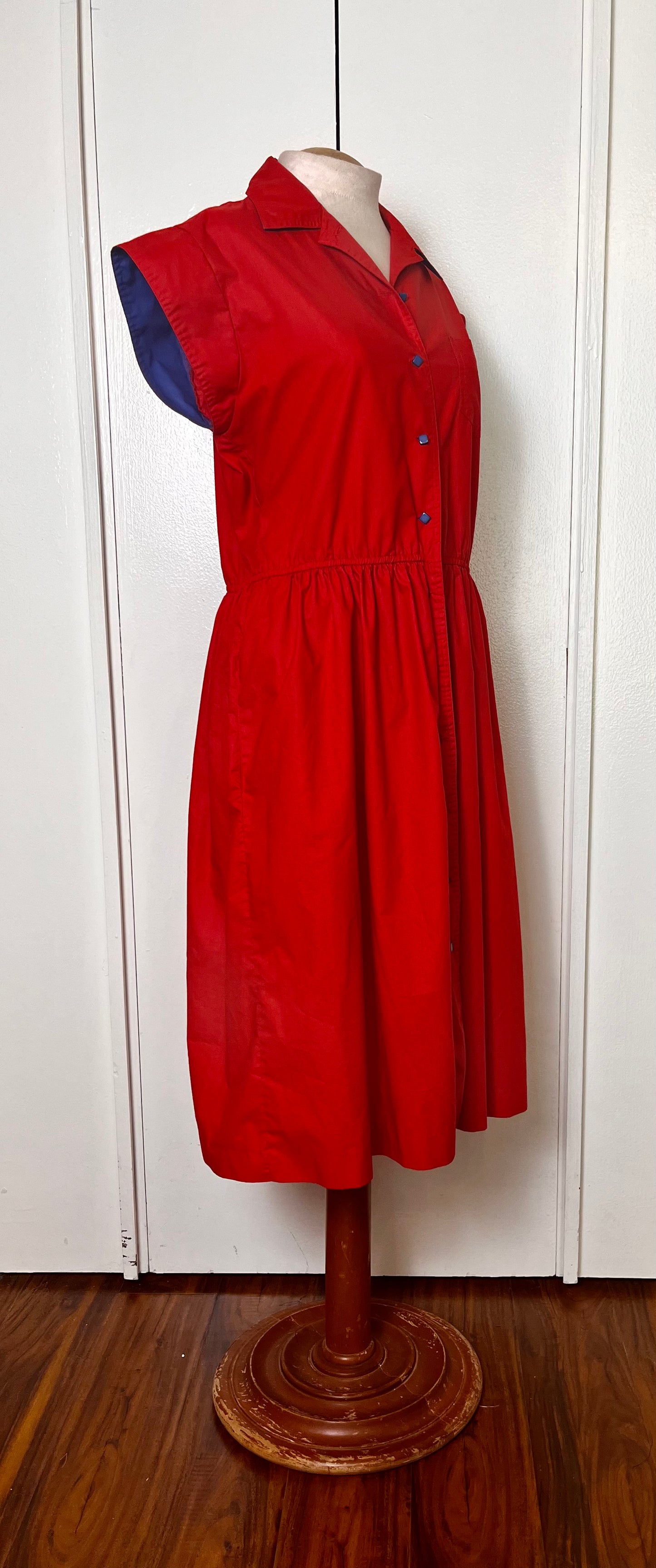 Vintage 1980's Red & Blue Button-Front Vented Day Dress