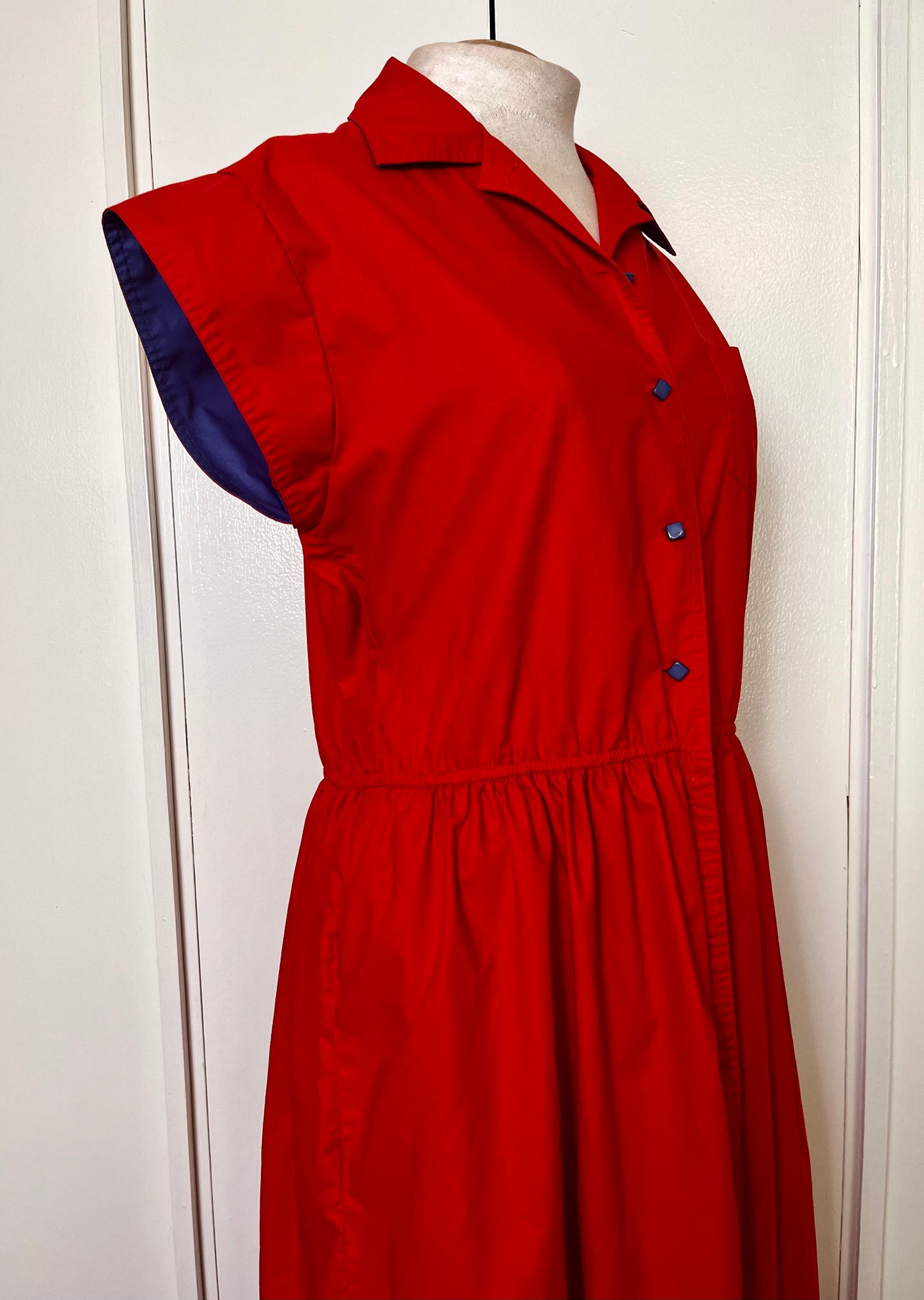 Vintage 1980's Red & Blue Button-Front Vented Day Dress