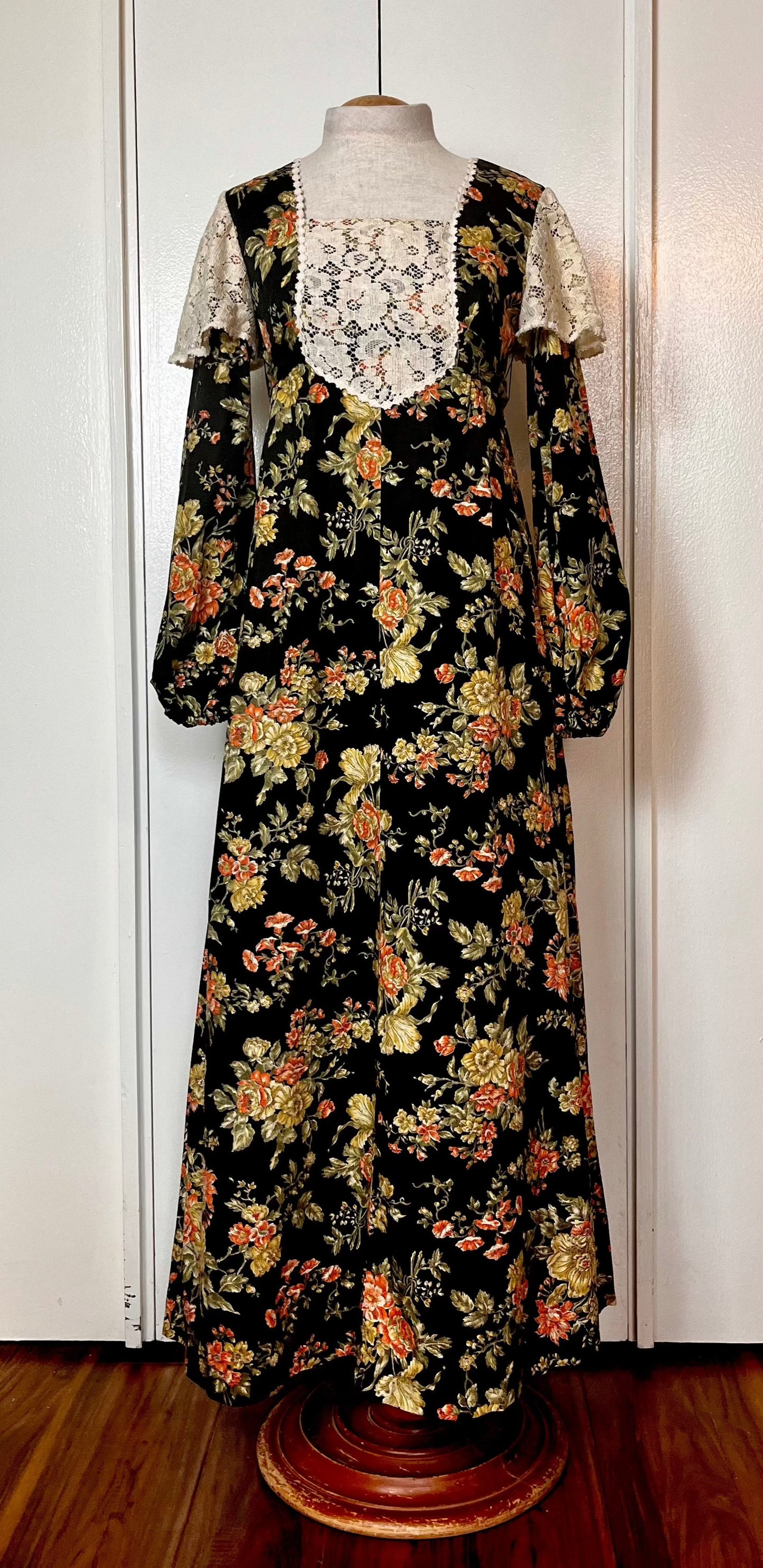 Vintage 1970’s "Young Edwardian by Arpeja" Black Floral Long Sleeve Maxi Dress