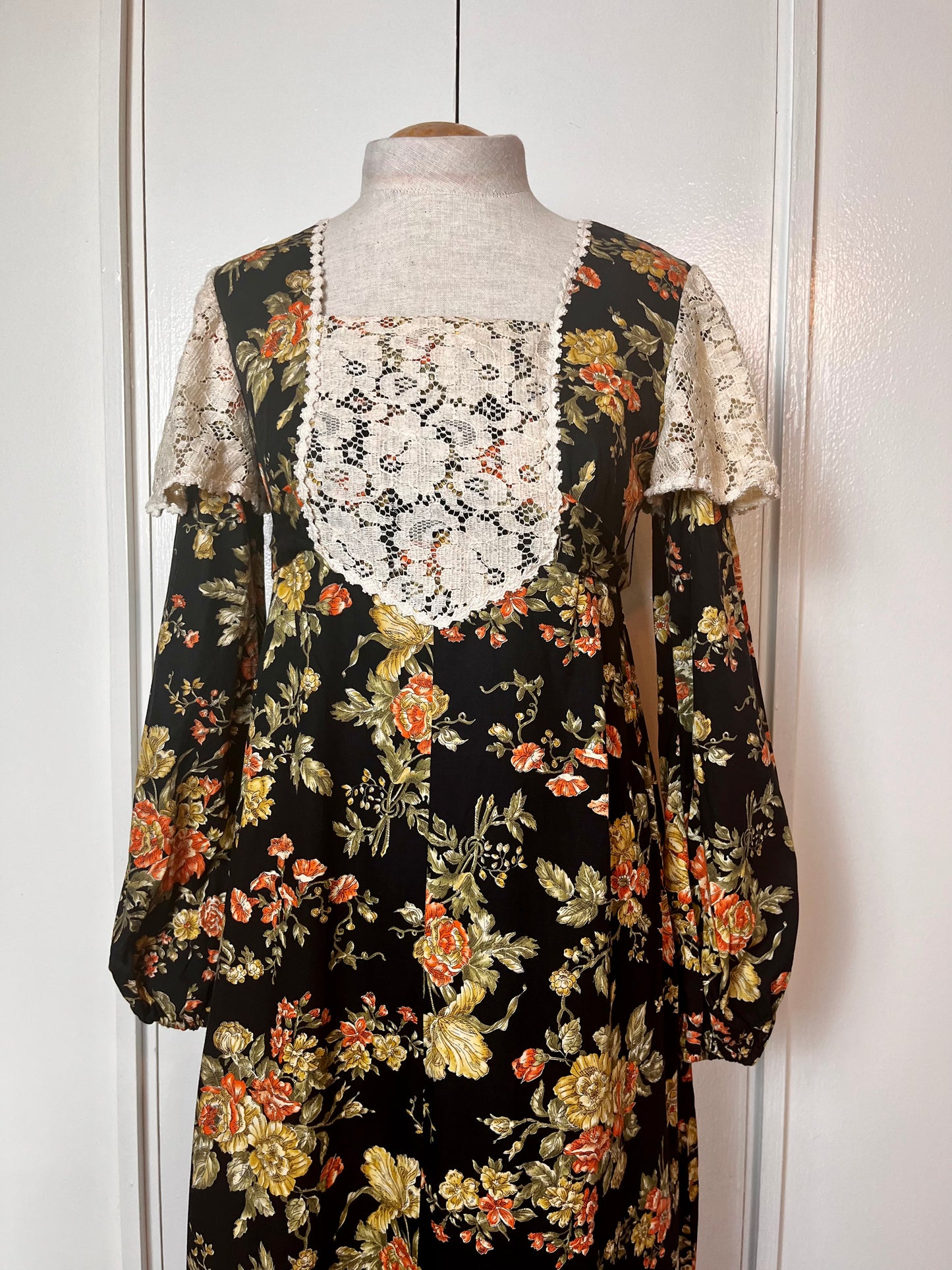 Vintage 1970’s "Young Edwardian by Arpeja" Black Floral Long Sleeve Maxi Dress