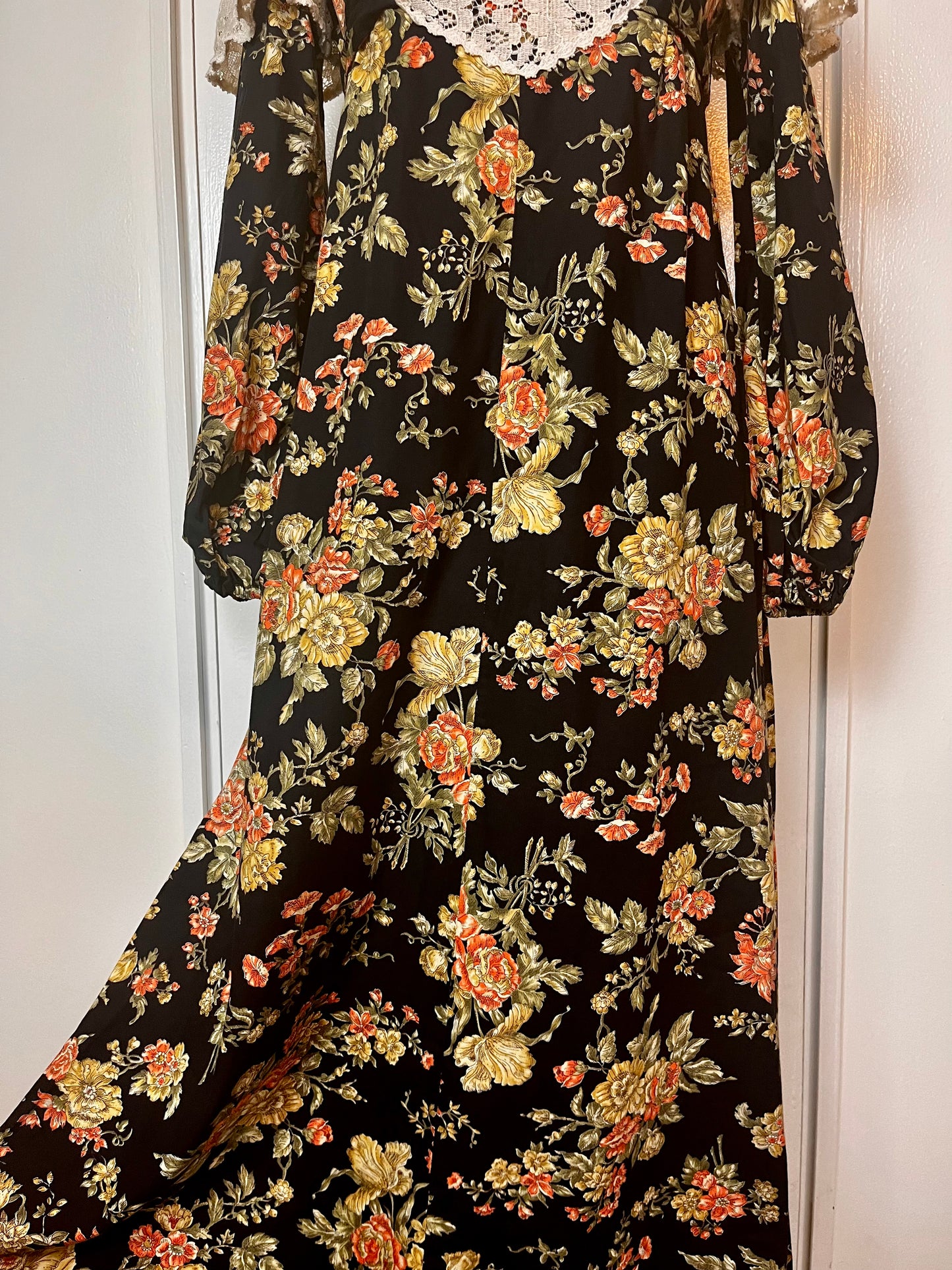 Vintage 1970’s "Young Edwardian by Arpeja" Black Floral Long Sleeve Maxi Dress