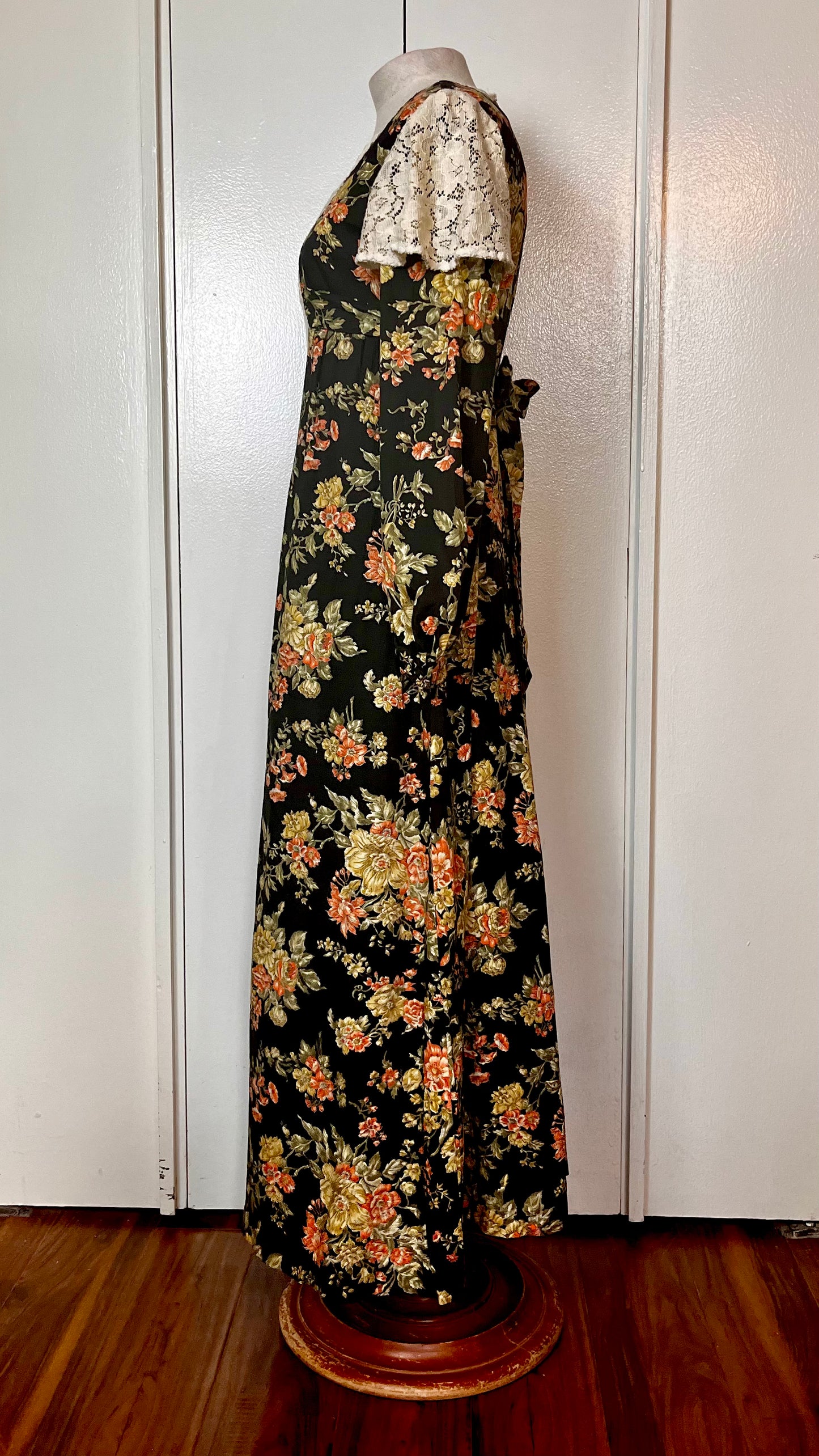 Vintage 1970’s "Young Edwardian by Arpeja" Black Floral Long Sleeve Maxi Dress