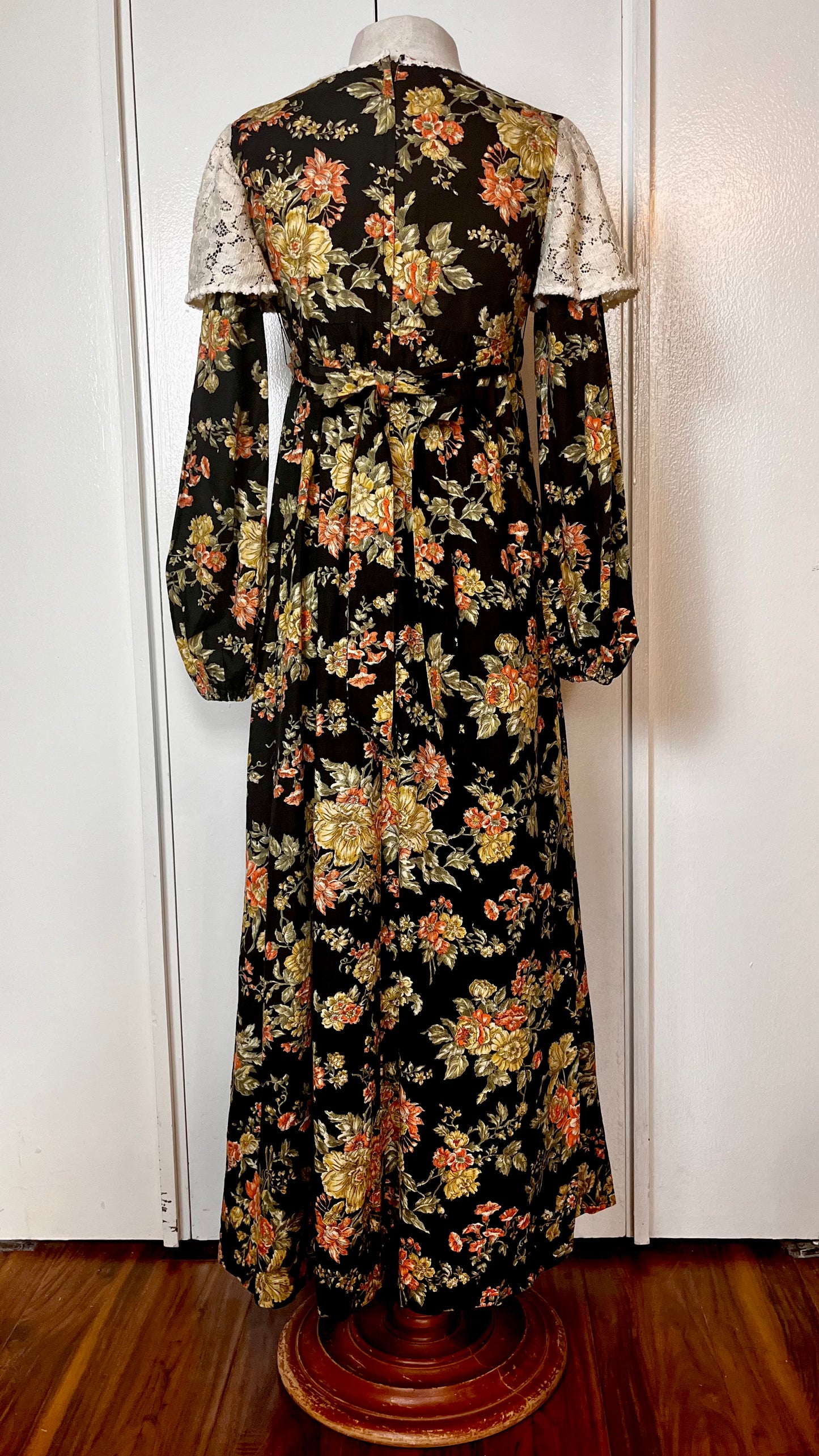 Vintage 1970’s "Young Edwardian by Arpeja" Black Floral Long Sleeve Maxi Dress