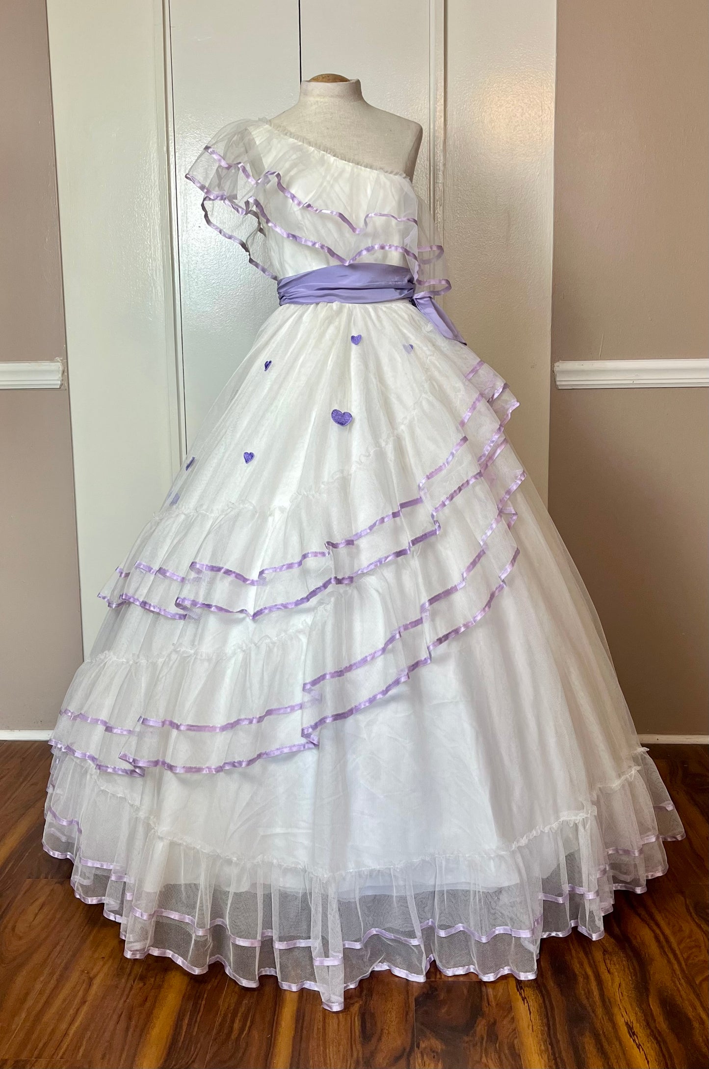 Vintage 1980’s "Alfred Angelo" White & Purple Ribbon One-Shoulder Gown