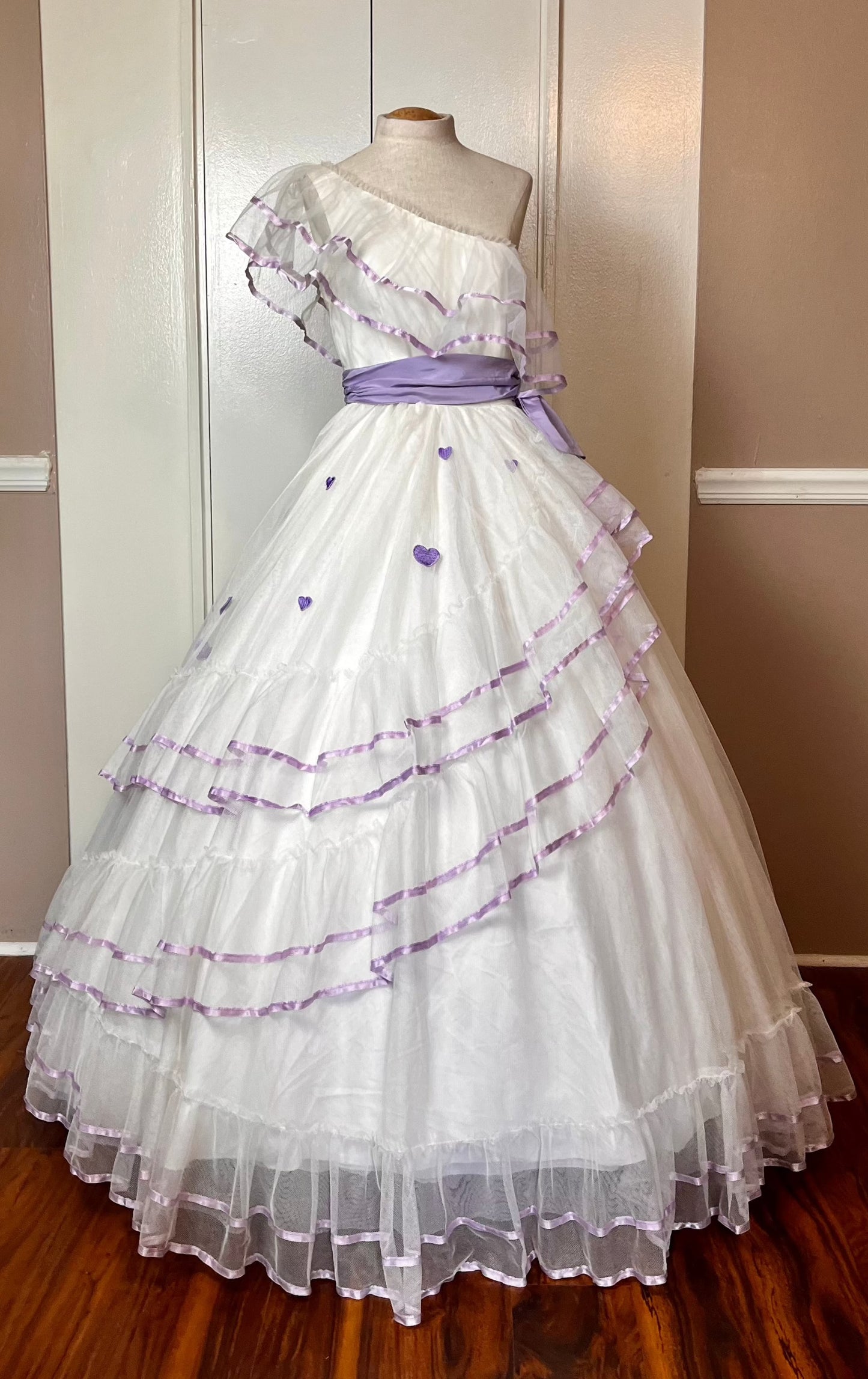 Vintage 1980’s "Alfred Angelo" White & Purple Ribbon One-Shoulder Gown