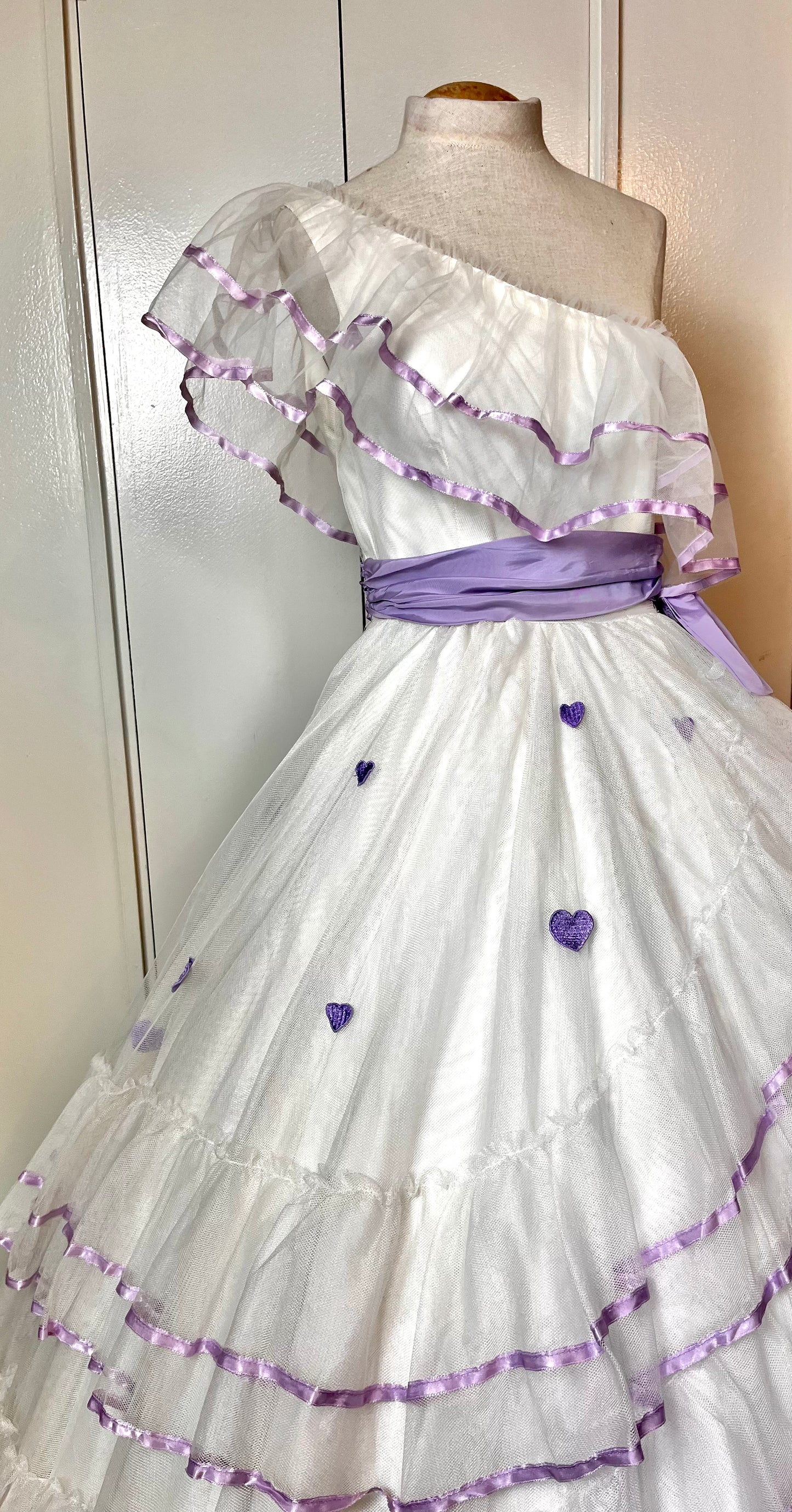 Vintage 1980’s "Alfred Angelo" White & Purple Ribbon One-Shoulder Gown