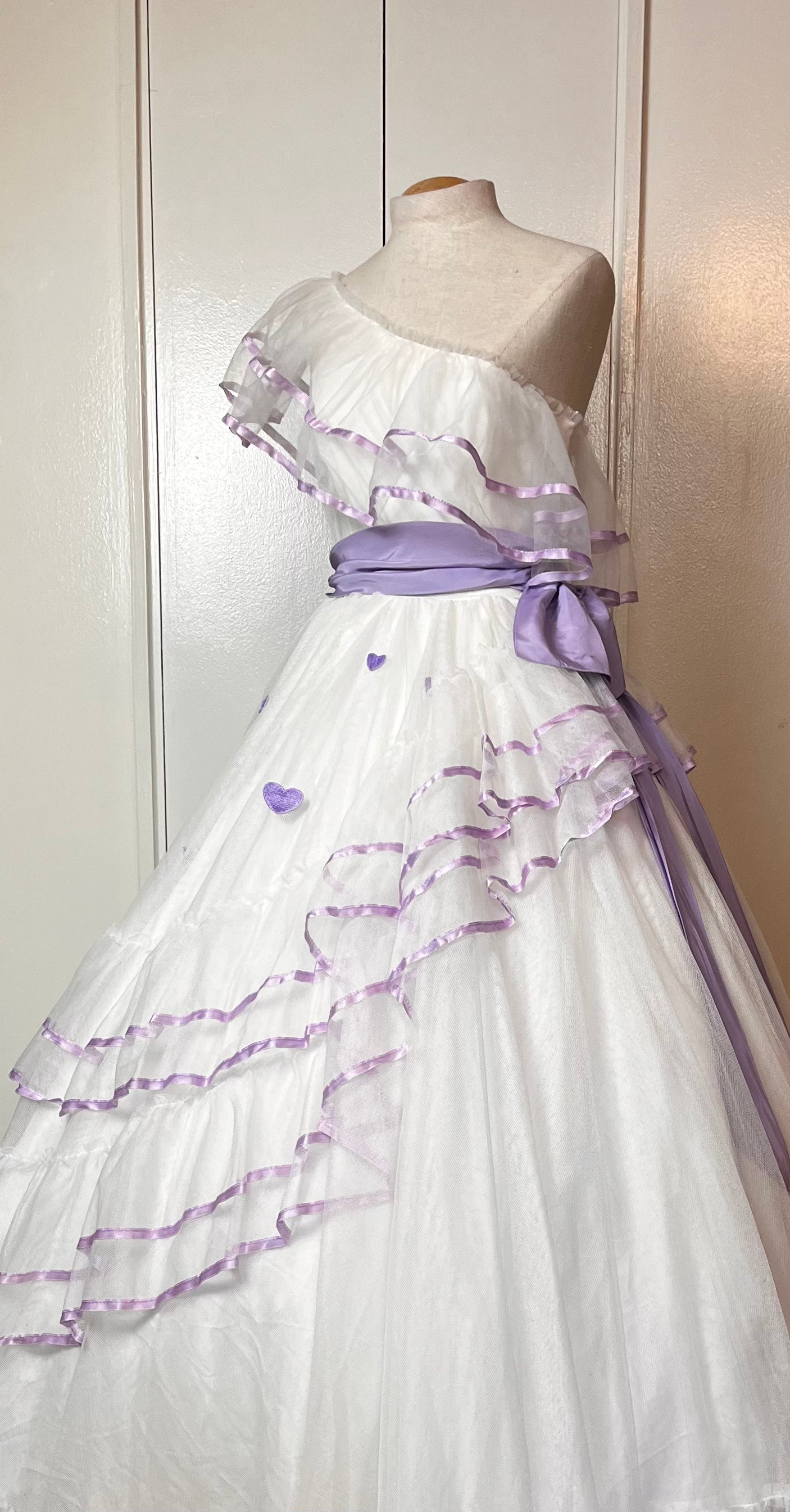 Vintage 1980’s "Alfred Angelo" White & Purple Ribbon One-Shoulder Gown