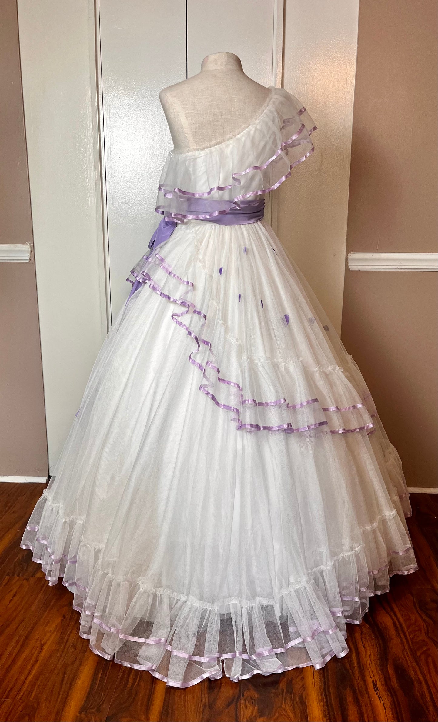 Vintage 1980’s "Alfred Angelo" White & Purple Ribbon One-Shoulder Gown