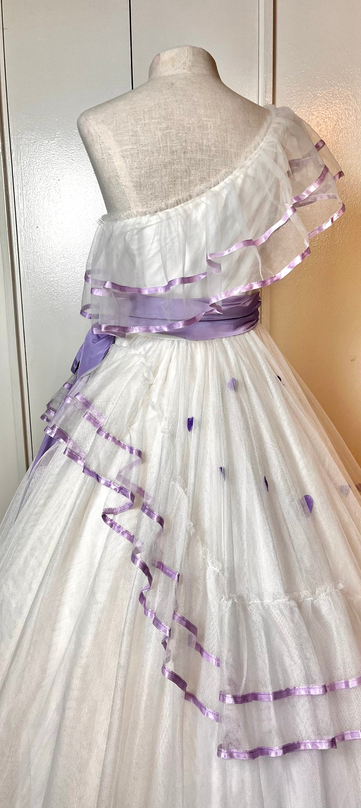 Vintage 1980’s "Alfred Angelo" White & Purple Ribbon One-Shoulder Gown