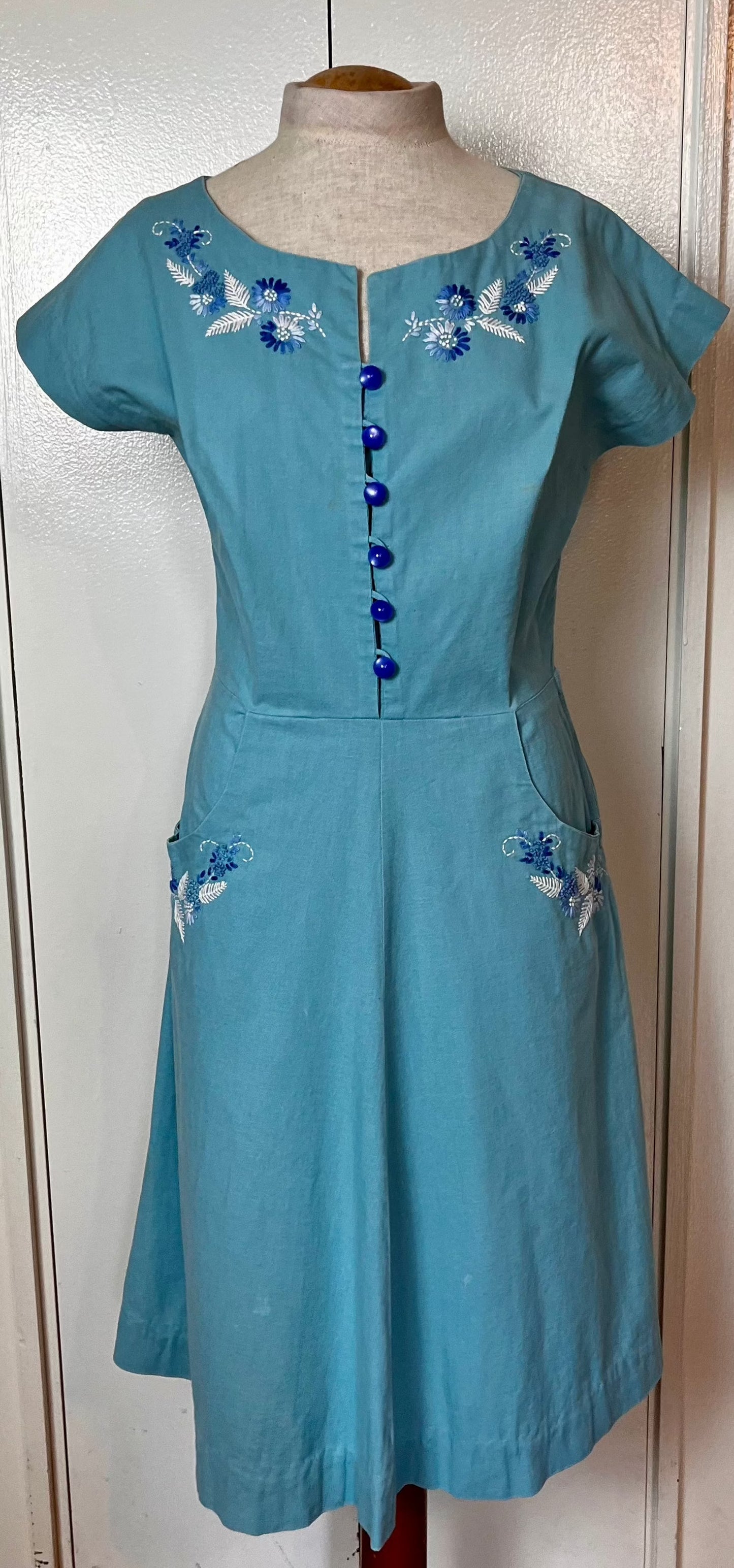 Vintage 1940’s Hand-Embroidered Cerulean Blue Day Dress