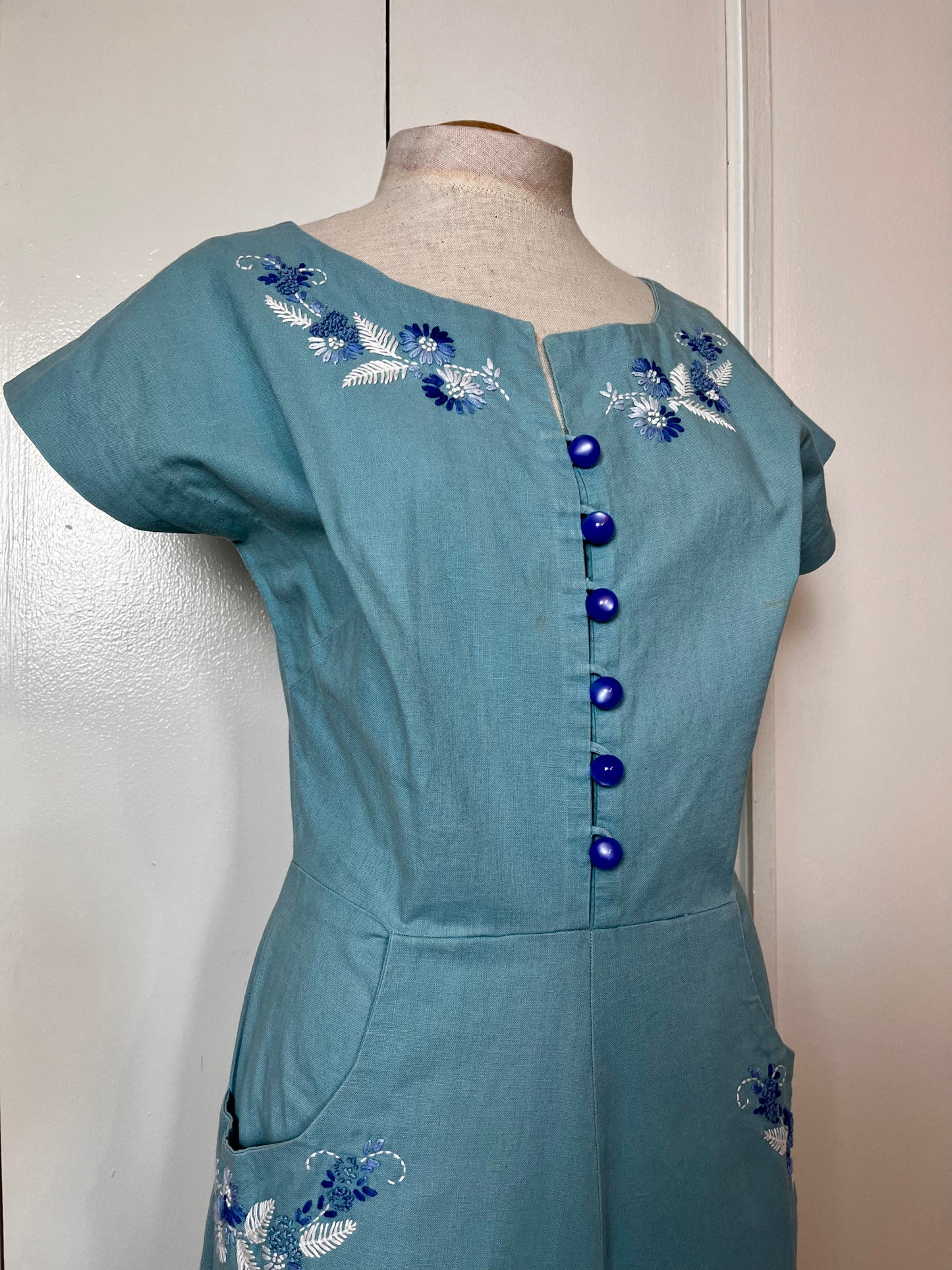 Vintage 1940’s Hand-Embroidered Cerulean Blue Day Dress