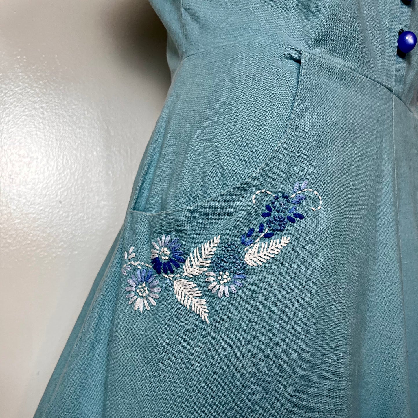 Vintage 1940’s Hand-Embroidered Cerulean Blue Day Dress