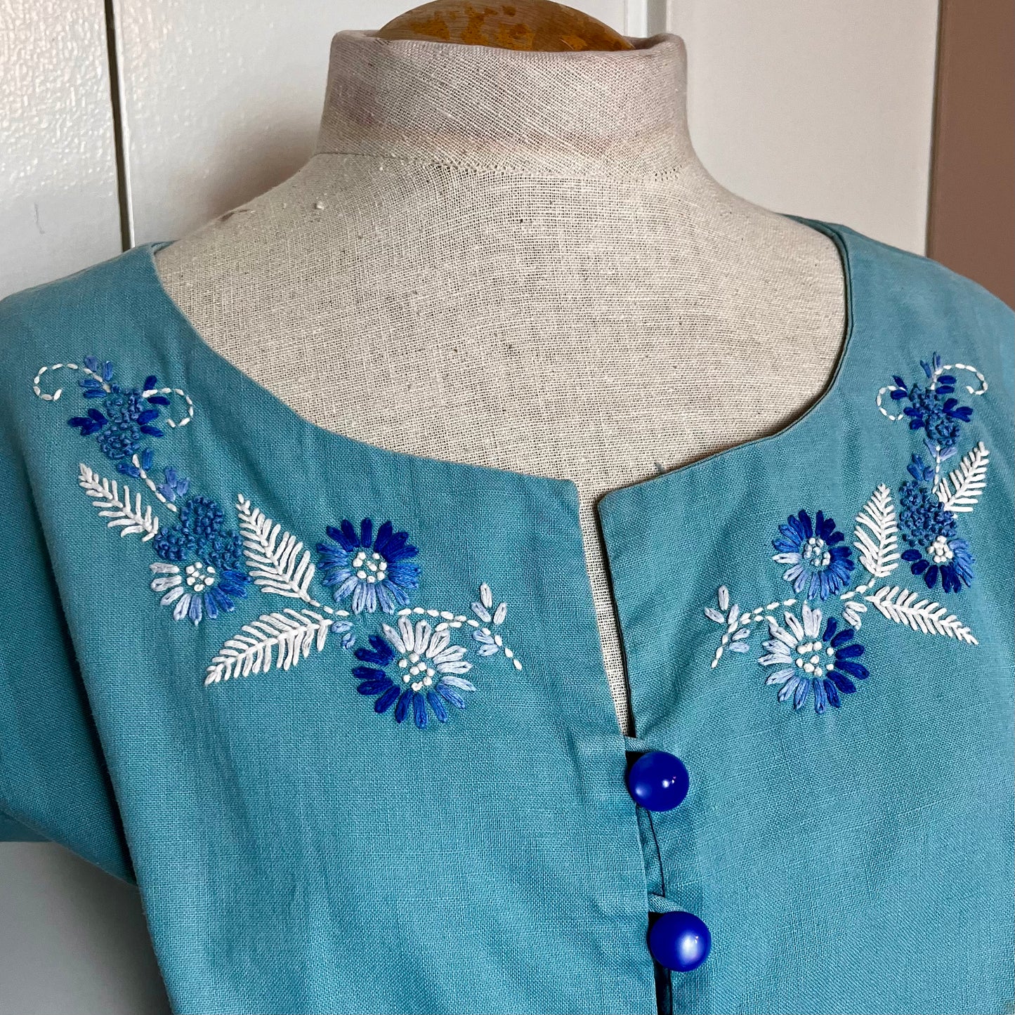 Vintage 1940’s Hand-Embroidered Cerulean Blue Day Dress