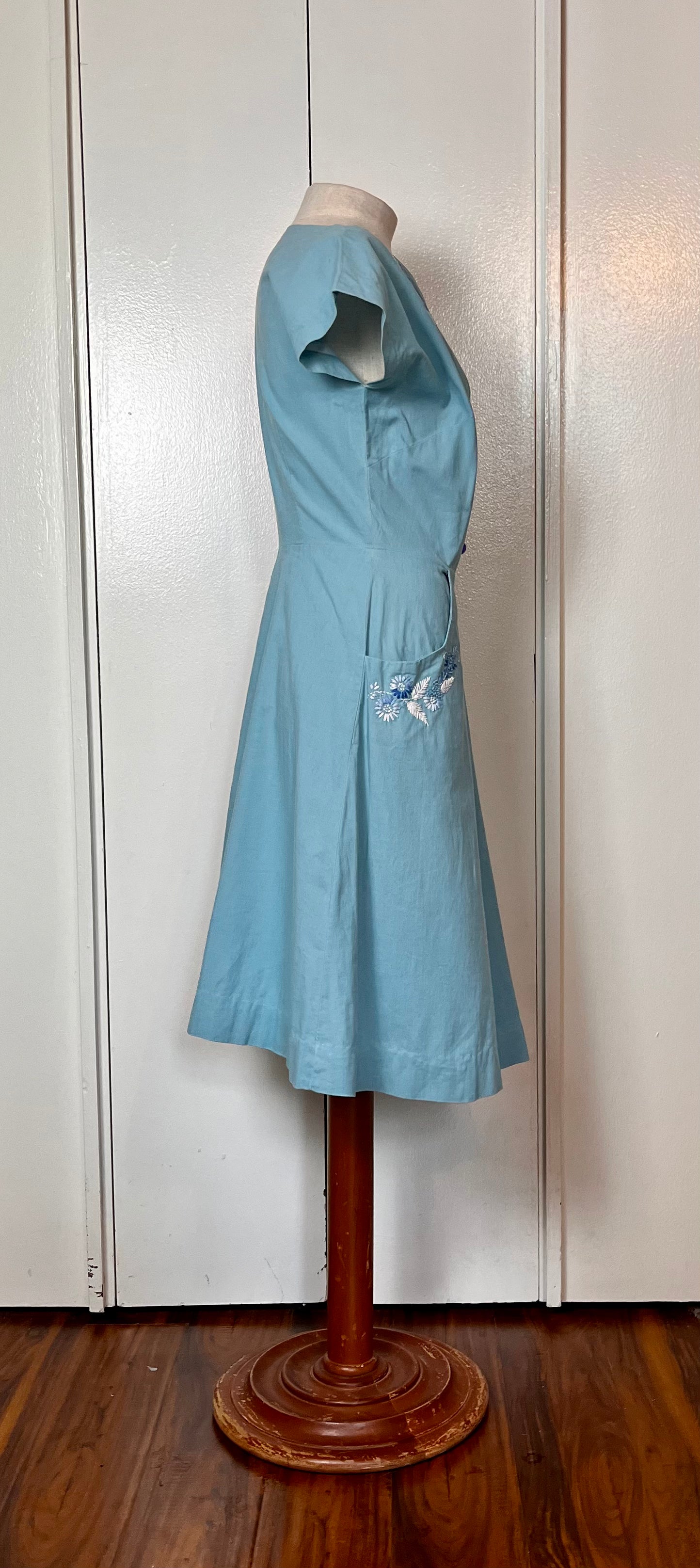 Vintage 1940’s Hand-Embroidered Cerulean Blue Day Dress