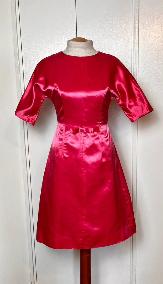 Vintage 1950’s Shocking Hot Pink Satin Three-Quarter Sleeve Sheath Dress