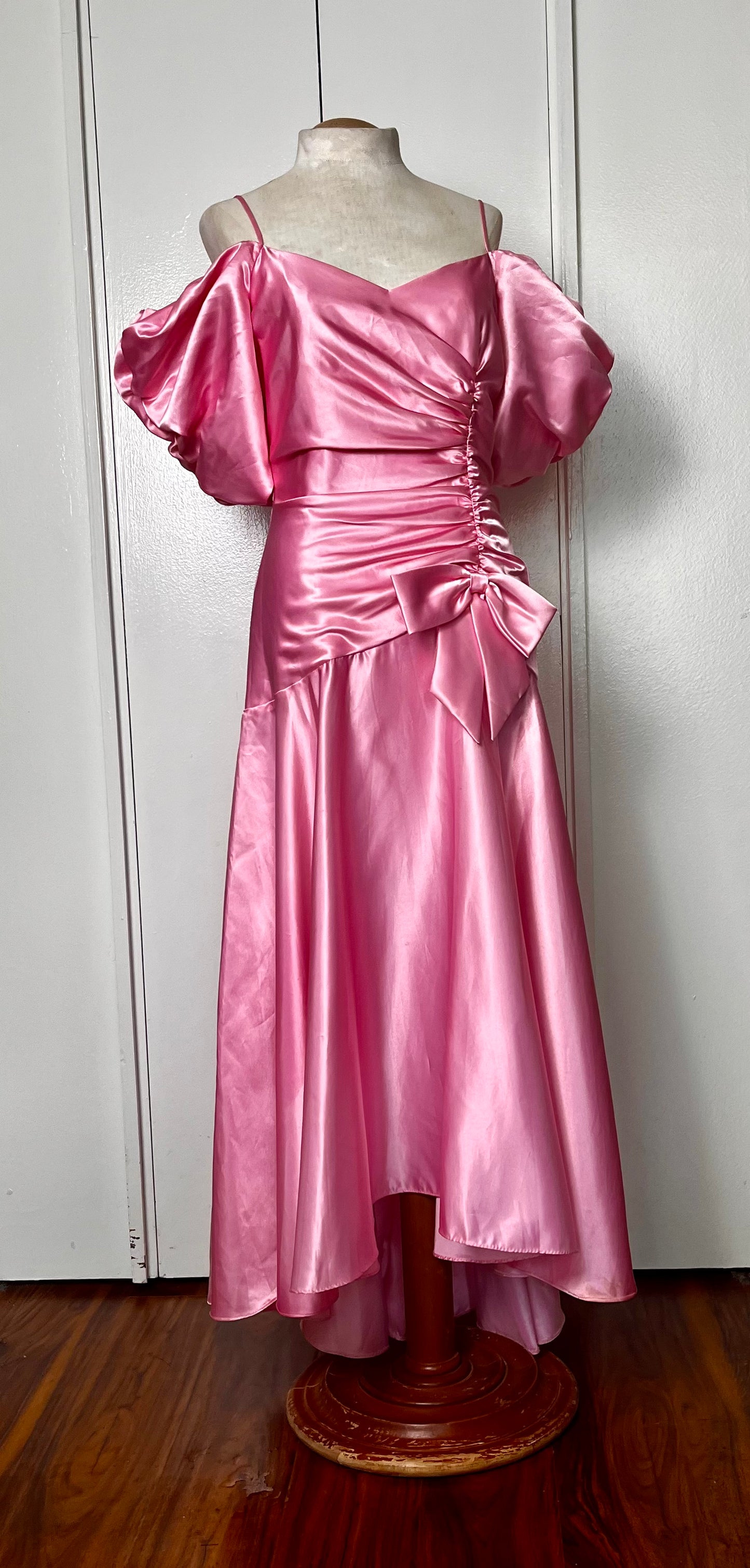 Vintage 1980's "Union-Made" Pink Satin Puff Sleeve Ruched High-Low Dress