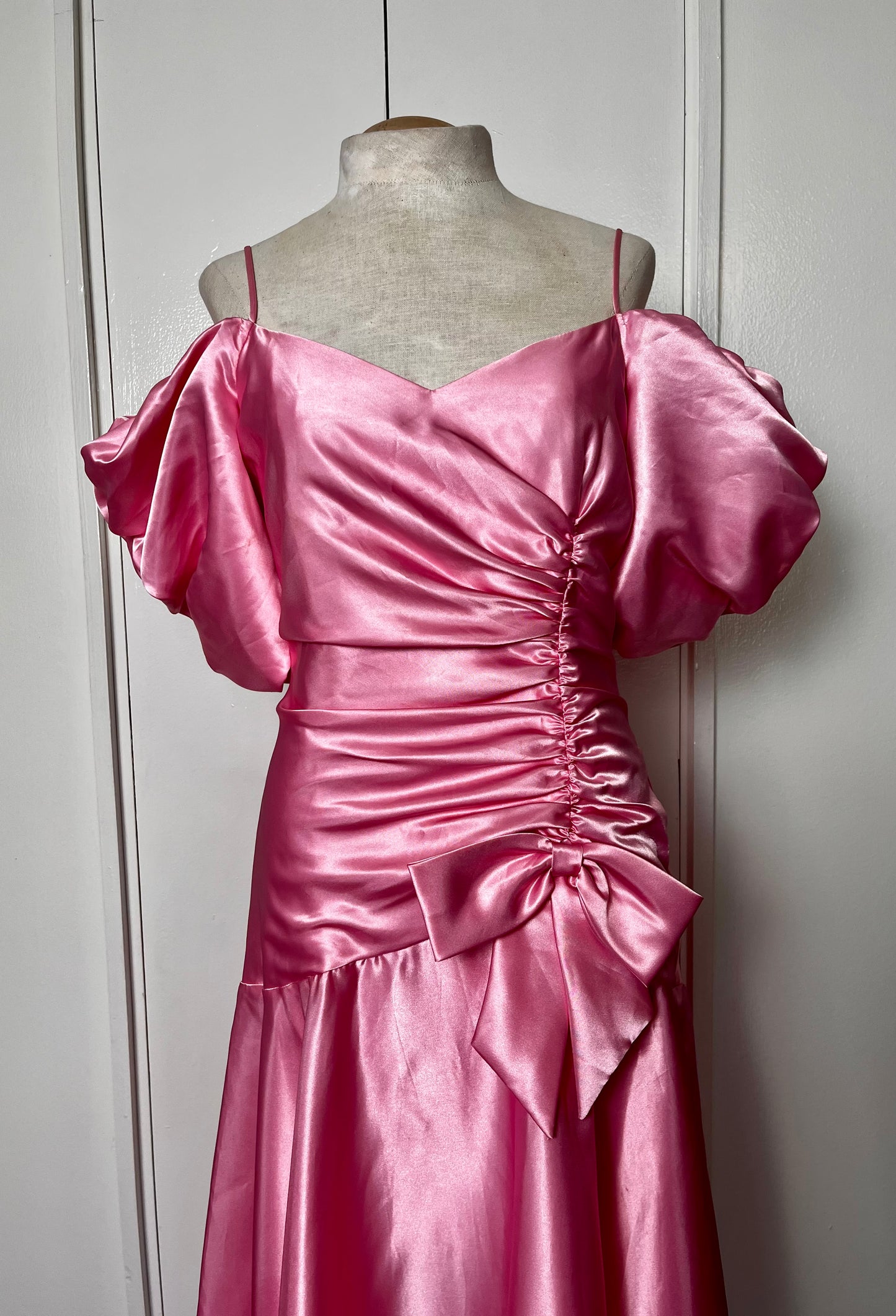 Vintage 1980's "Union-Made" Pink Satin Puff Sleeve Ruched High-Low Dress