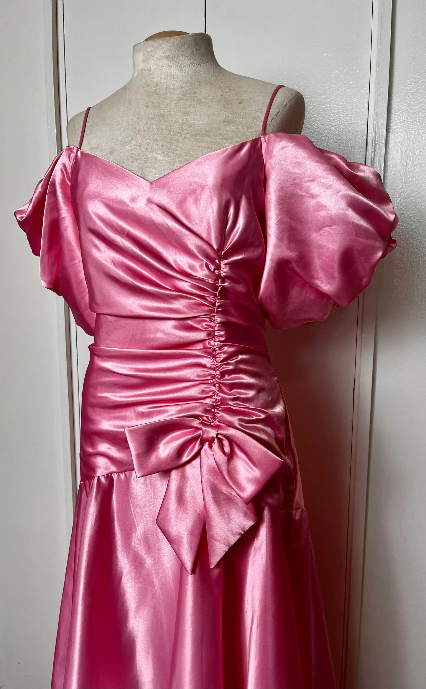 Vintage 1980's "Union-Made" Pink Satin Puff Sleeve Ruched High-Low Dress