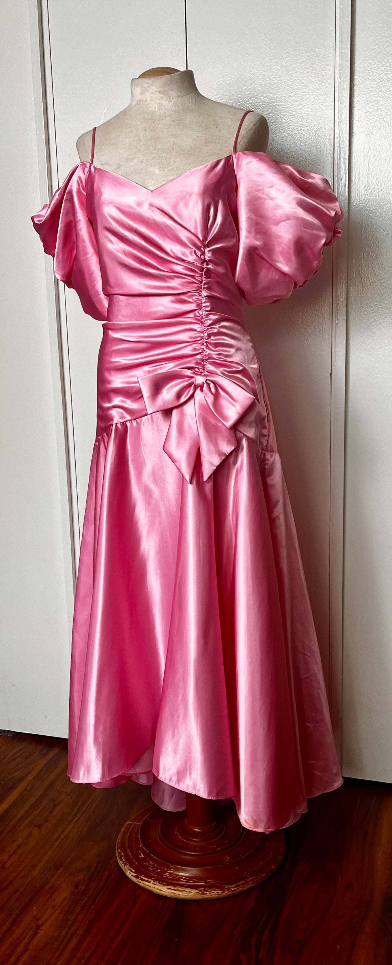 Vintage 1980's "Union-Made" Pink Satin Puff Sleeve Ruched High-Low Dress