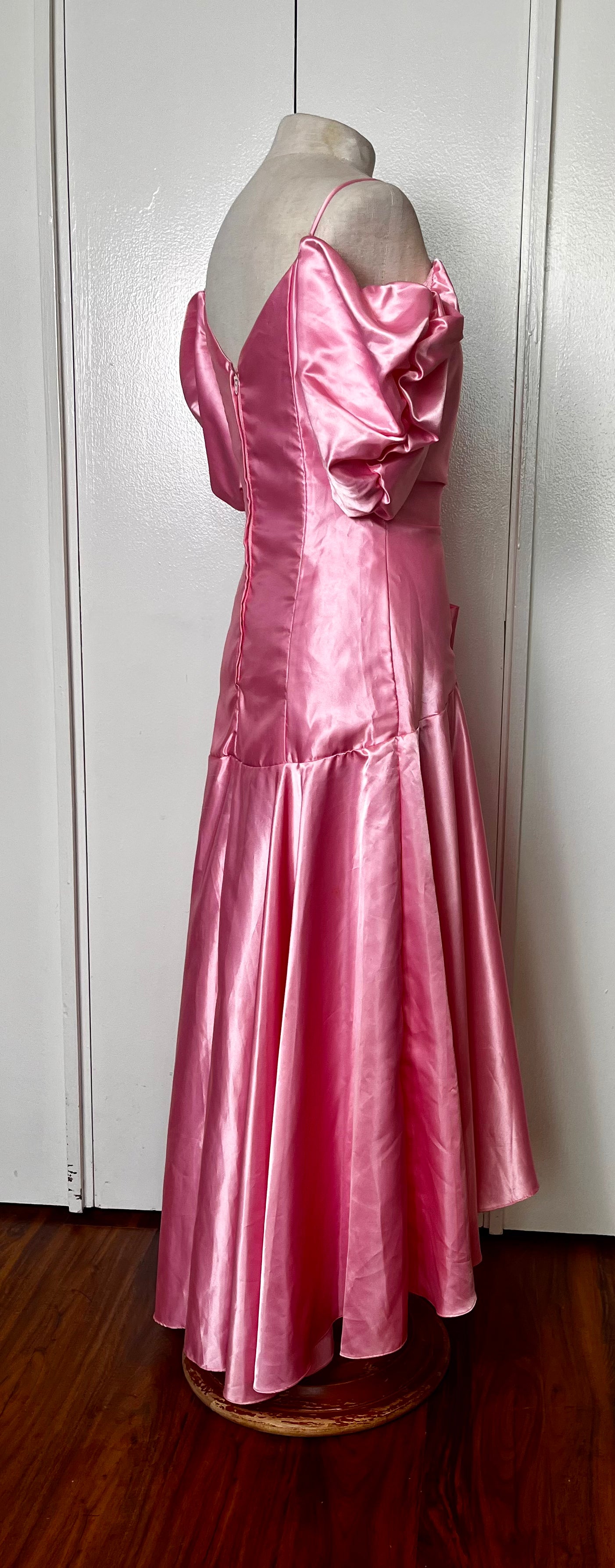 Vintage 1980's "Union-Made" Pink Satin Puff Sleeve Ruched High-Low Dress