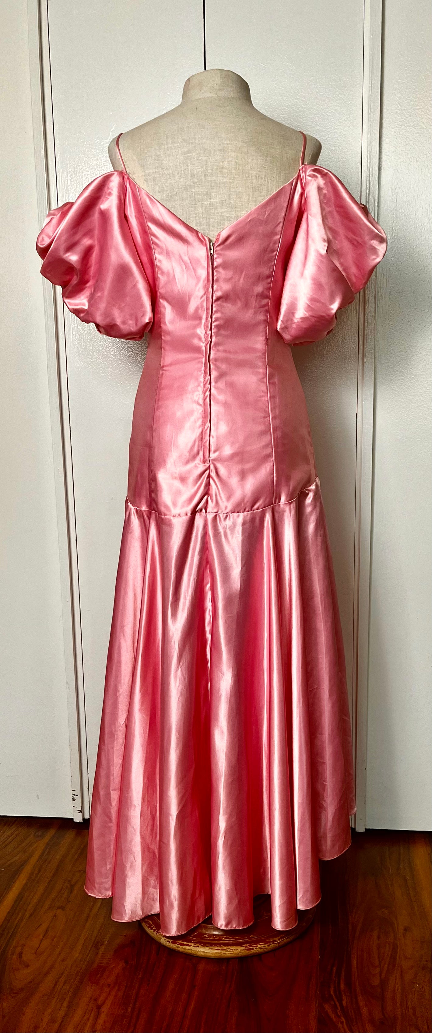 Vintage 1980's "Union-Made" Pink Satin Puff Sleeve Ruched High-Low Dress