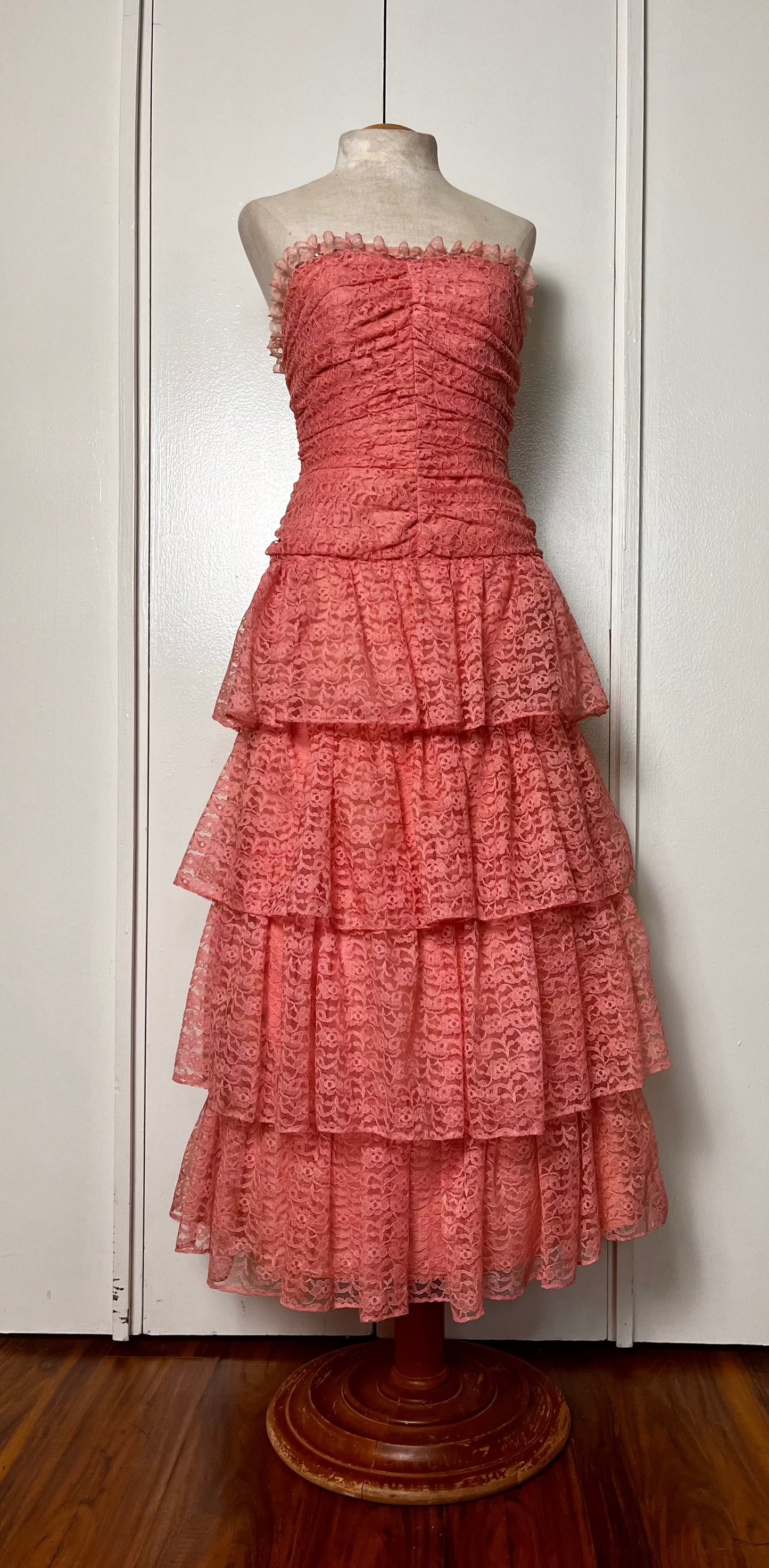 Vintage 1980's "Themes" Pink Lace & Sequin Strapless Tiered Dress