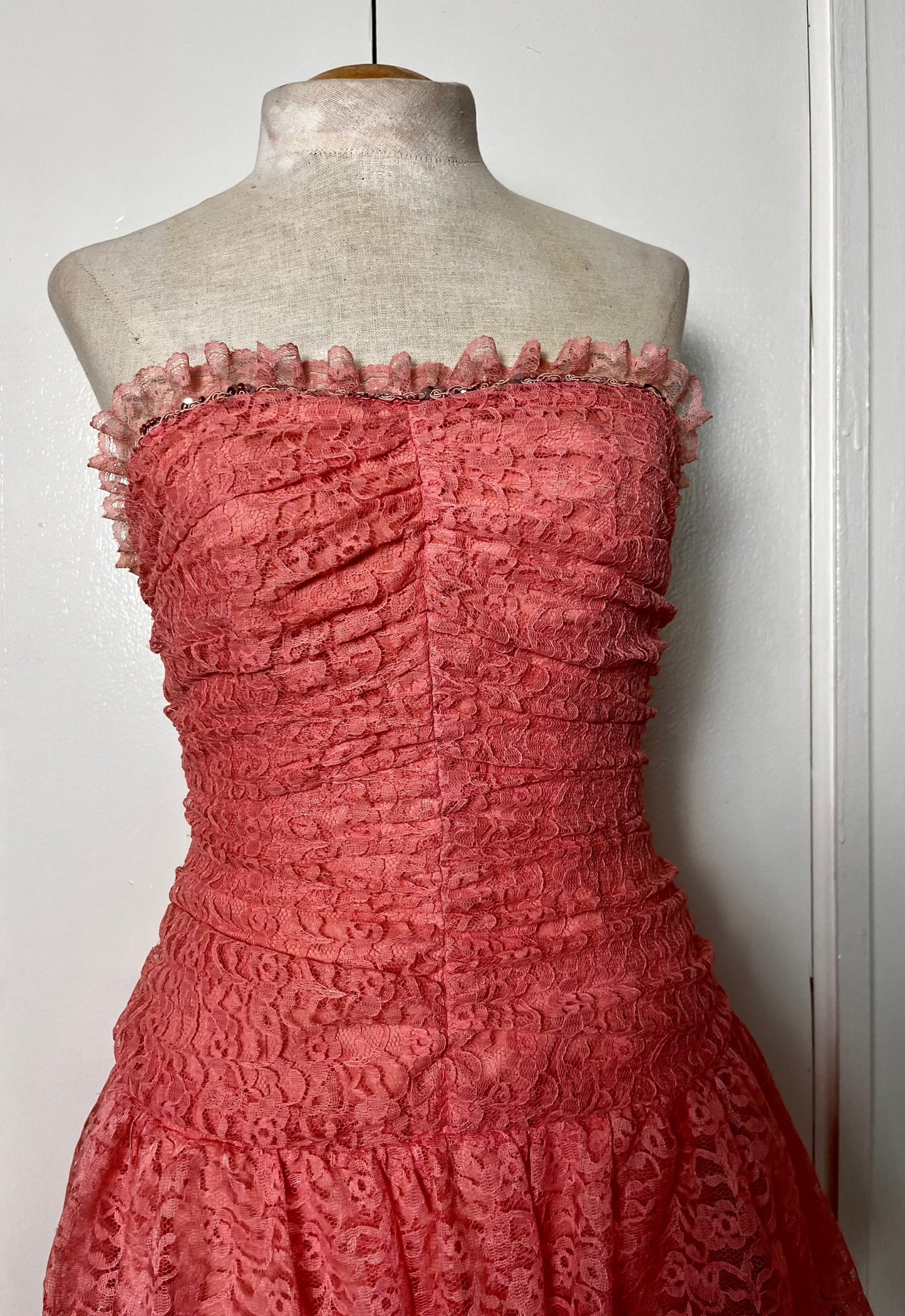 Vintage 1980's "Themes" Pink Lace & Sequin Strapless Tiered Dress