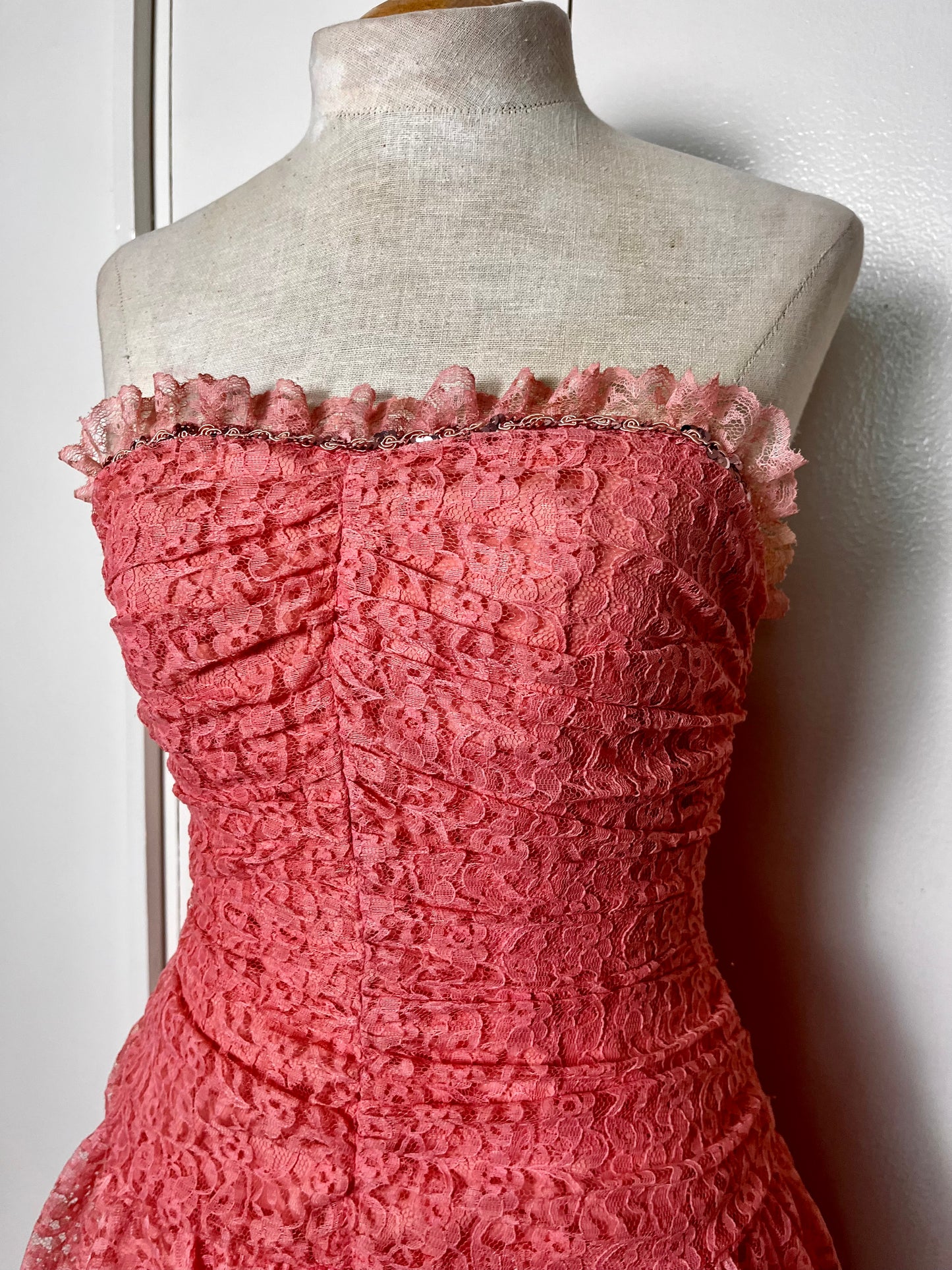 Vintage 1980's "Themes" Pink Lace & Sequin Strapless Tiered Dress