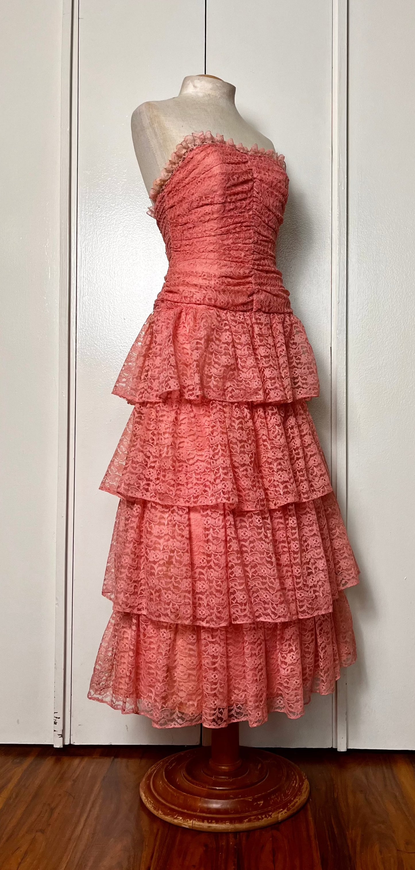 Vintage 1980's "Themes" Pink Lace & Sequin Strapless Tiered Dress