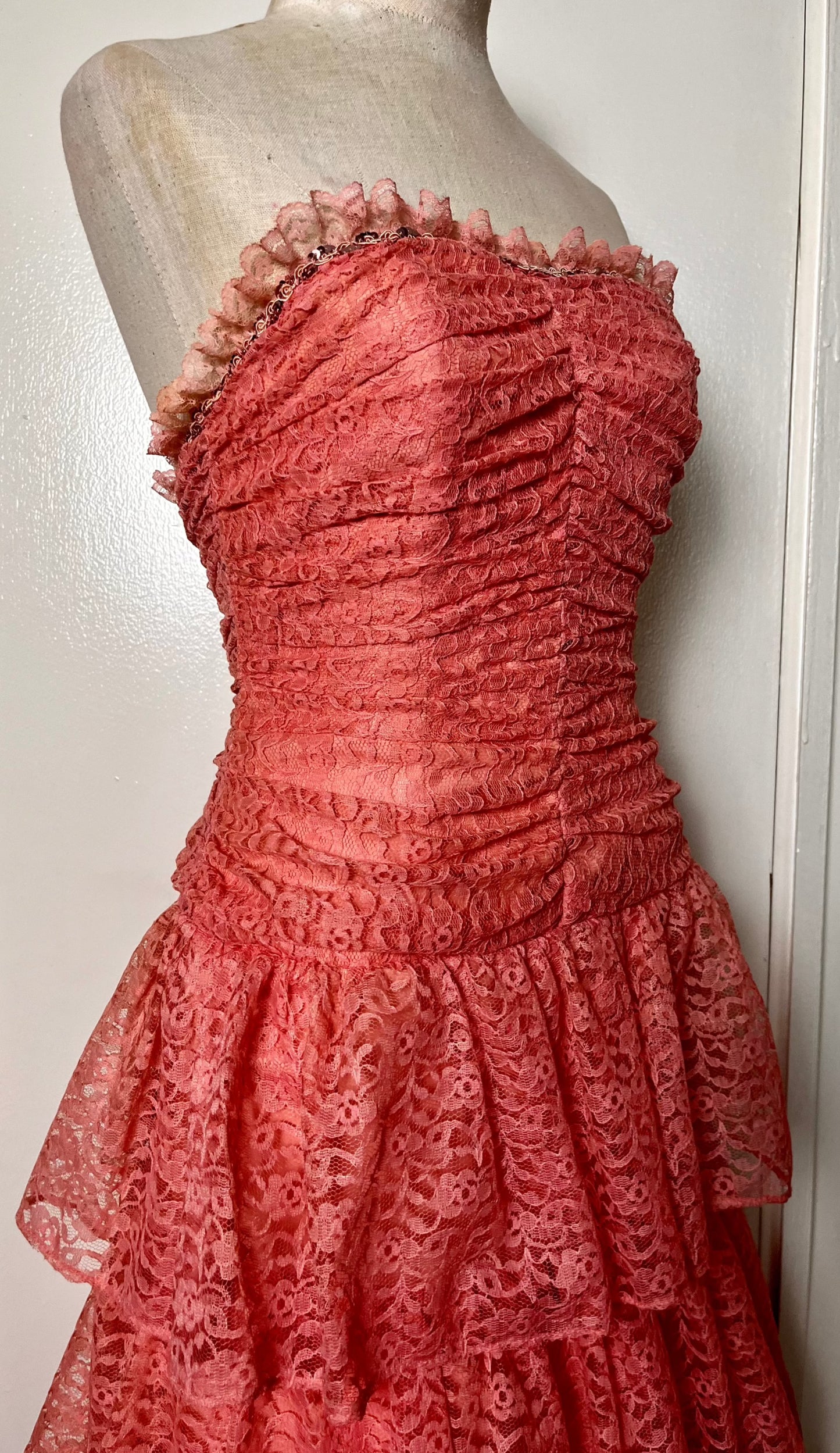 Vintage 1980's "Themes" Pink Lace & Sequin Strapless Tiered Dress