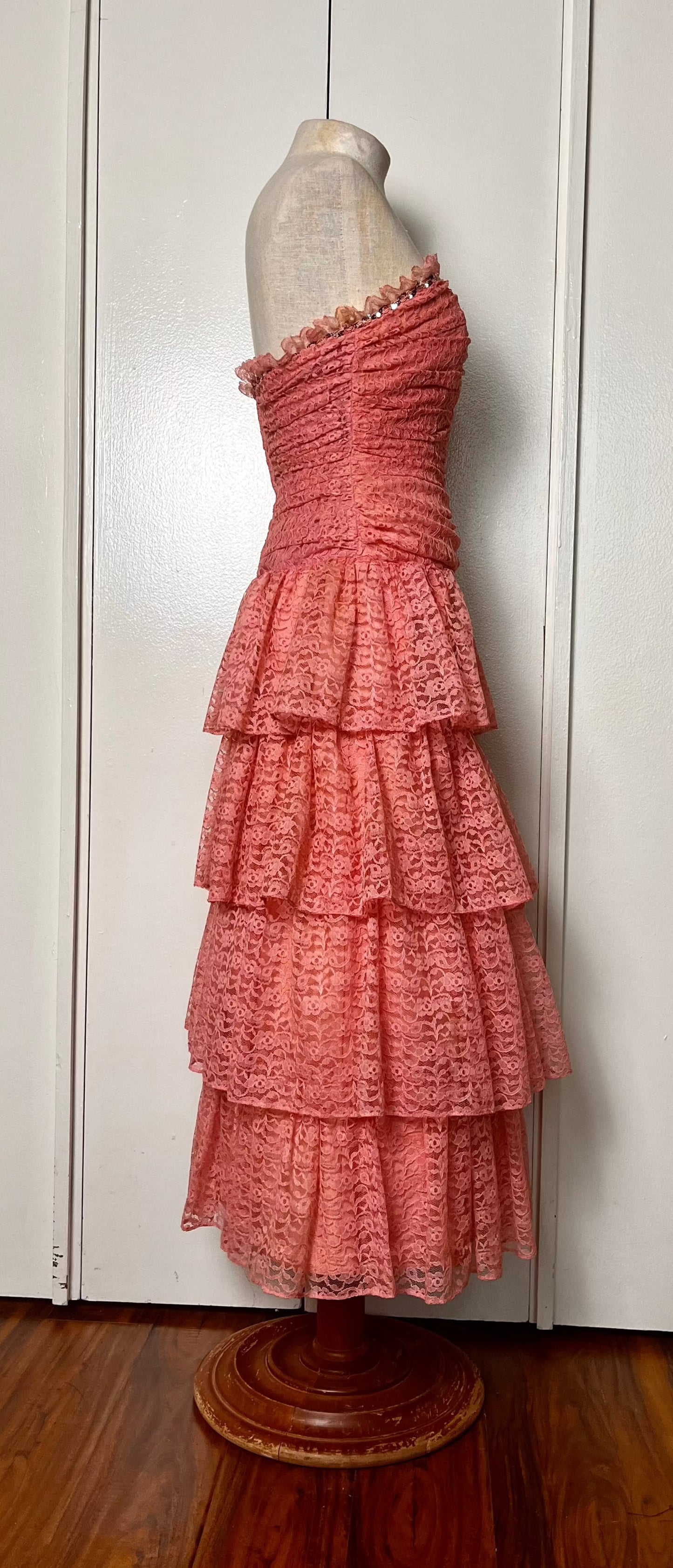 Vintage 1980's "Themes" Pink Lace & Sequin Strapless Tiered Dress