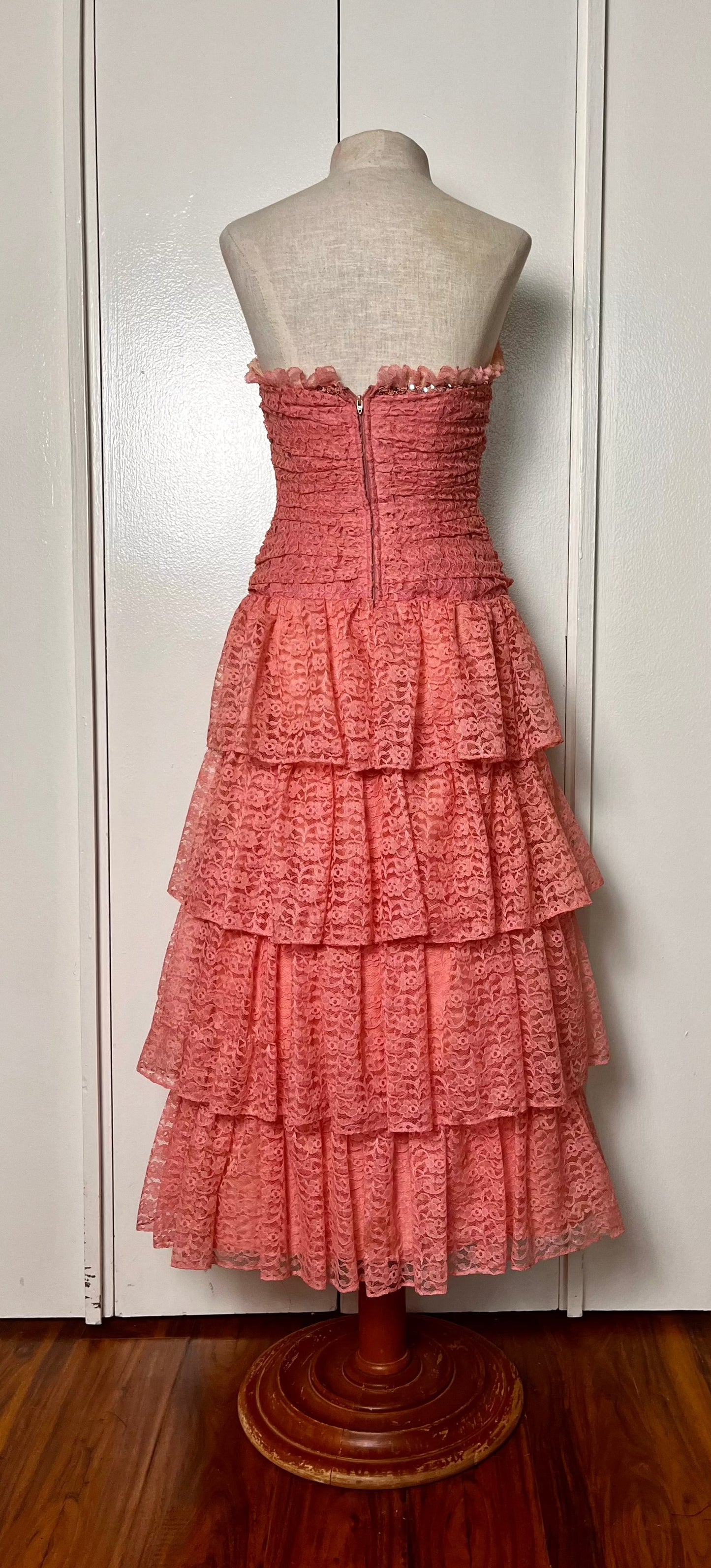 Vintage 1980's "Themes" Pink Lace & Sequin Strapless Tiered Dress