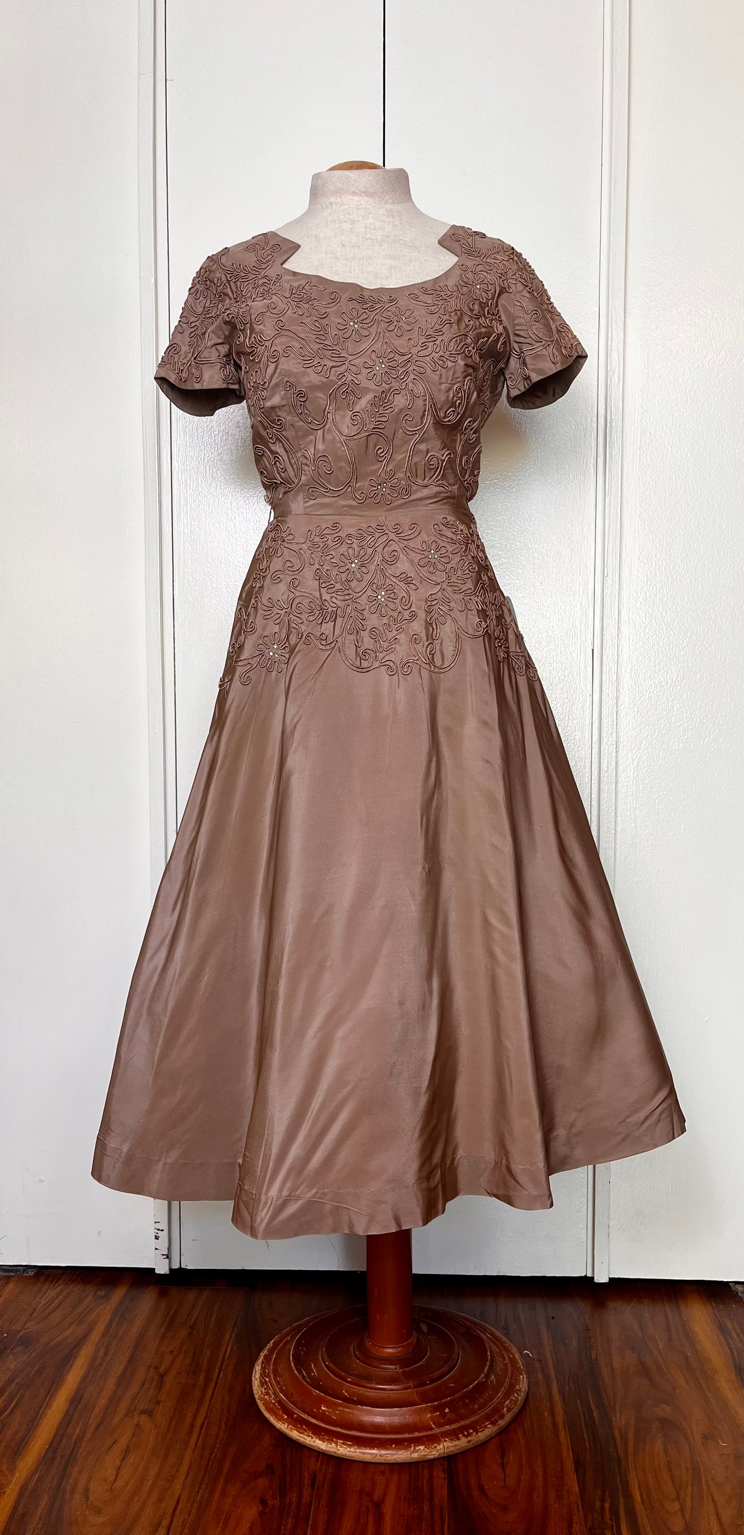 Vintage 1950's "Reich Original of Chicago" Taupe and Embellished Satin Fit N Flare Dress