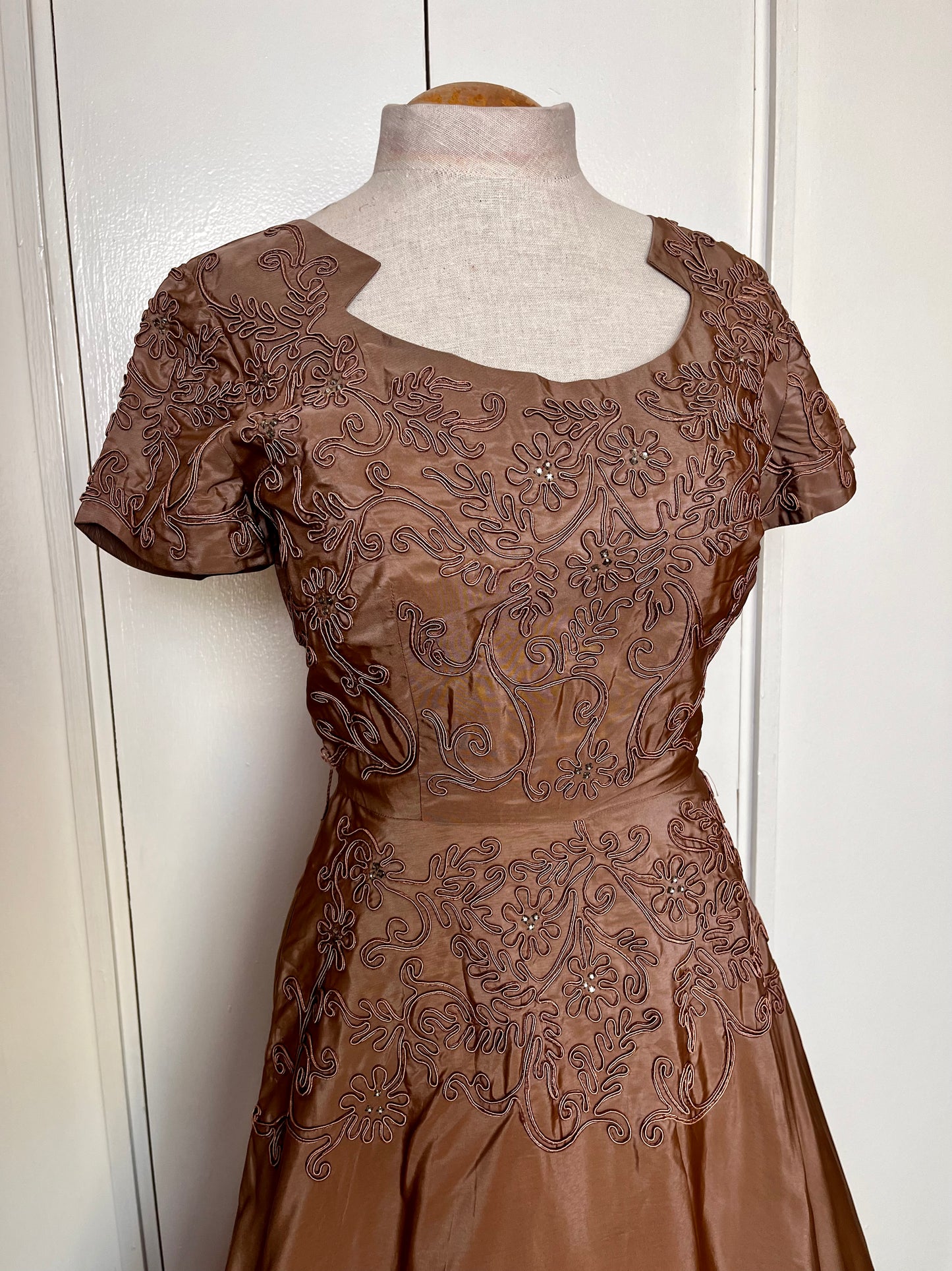 Vintage 1950's "Reich Original of Chicago" Taupe and Embellished Satin Fit N Flare Dress