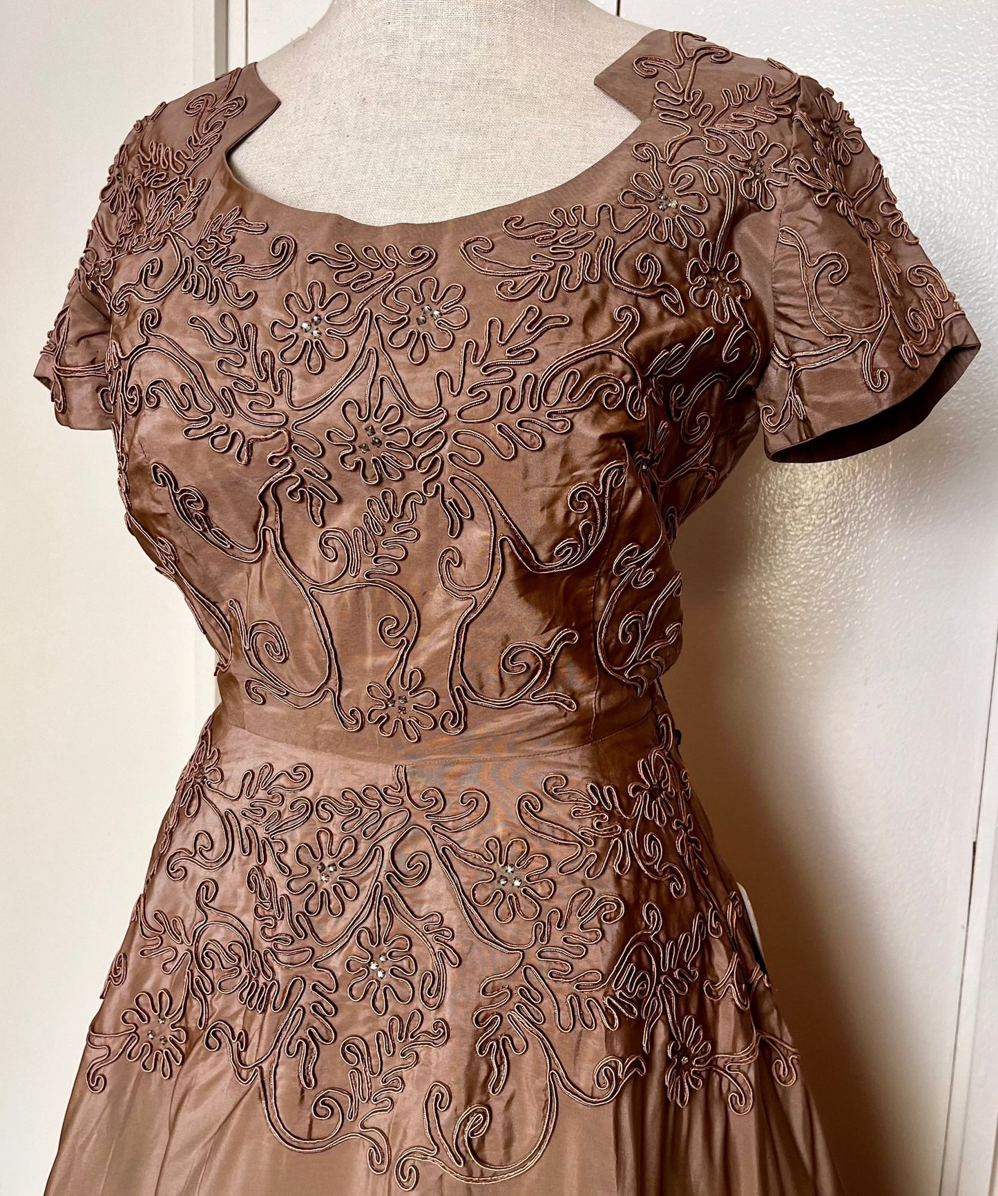 Vintage 1950's "Reich Original of Chicago" Taupe and Embellished Satin Fit N Flare Dress