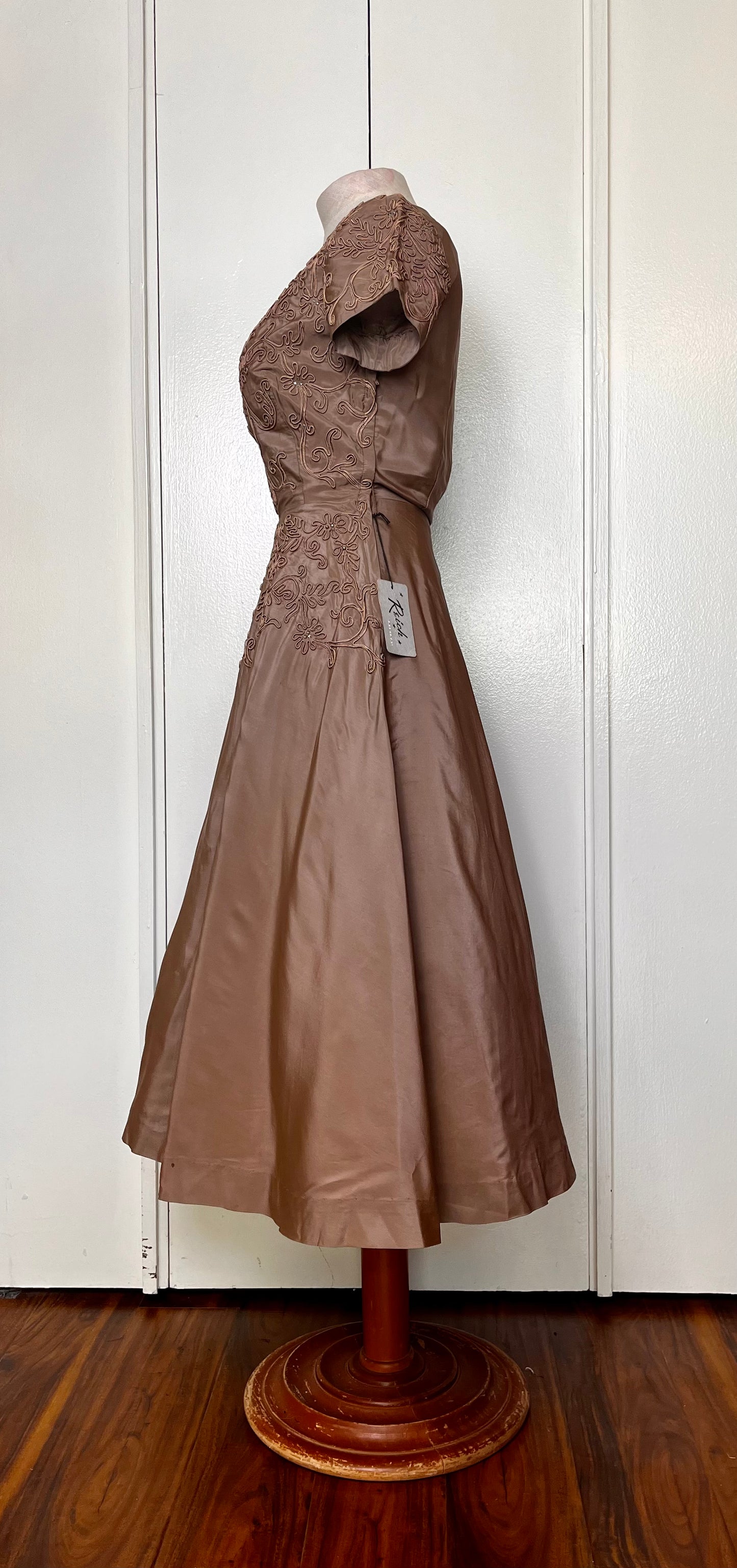 Vintage 1950's "Reich Original of Chicago" Taupe and Embellished Satin Fit N Flare Dress