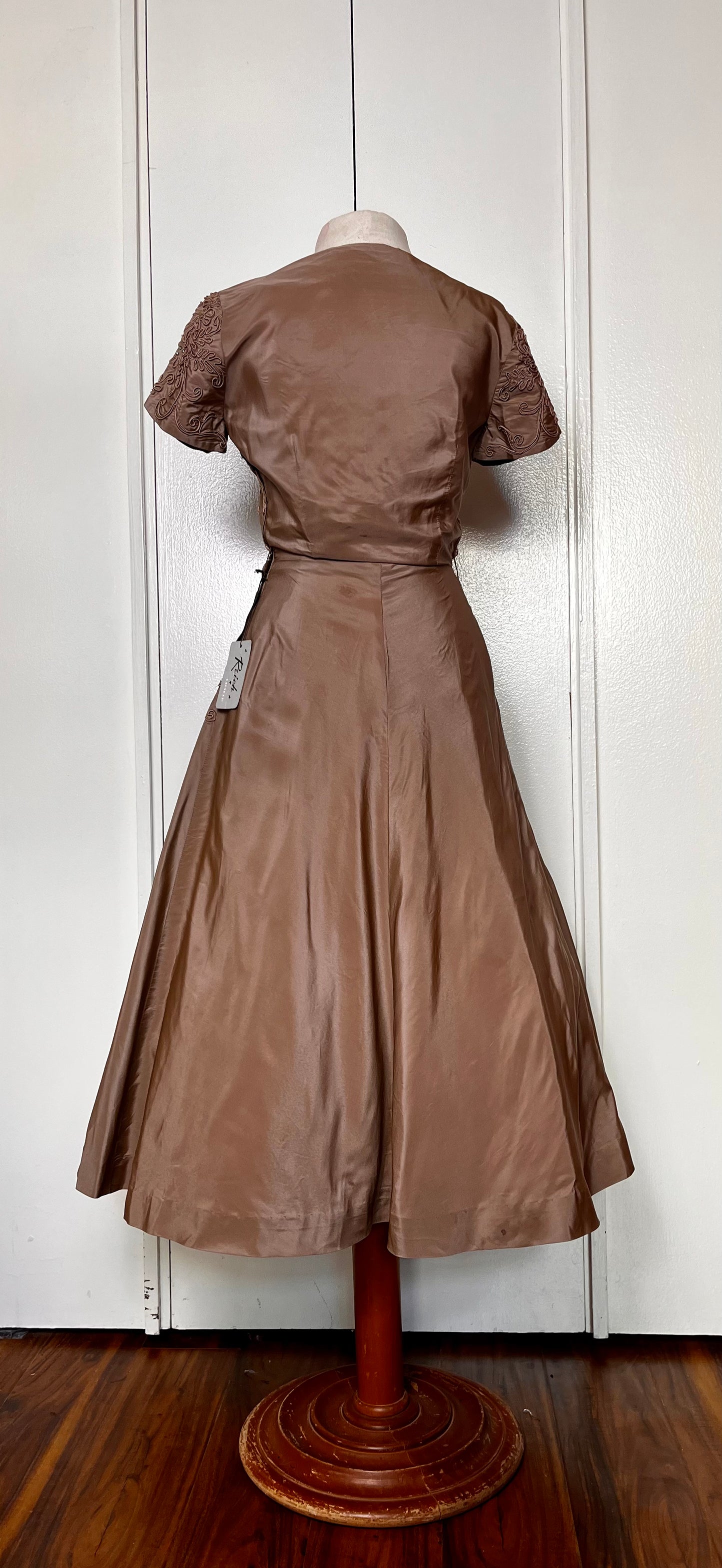 Vintage 1950's "Reich Original of Chicago" Taupe and Embellished Satin Fit N Flare Dress