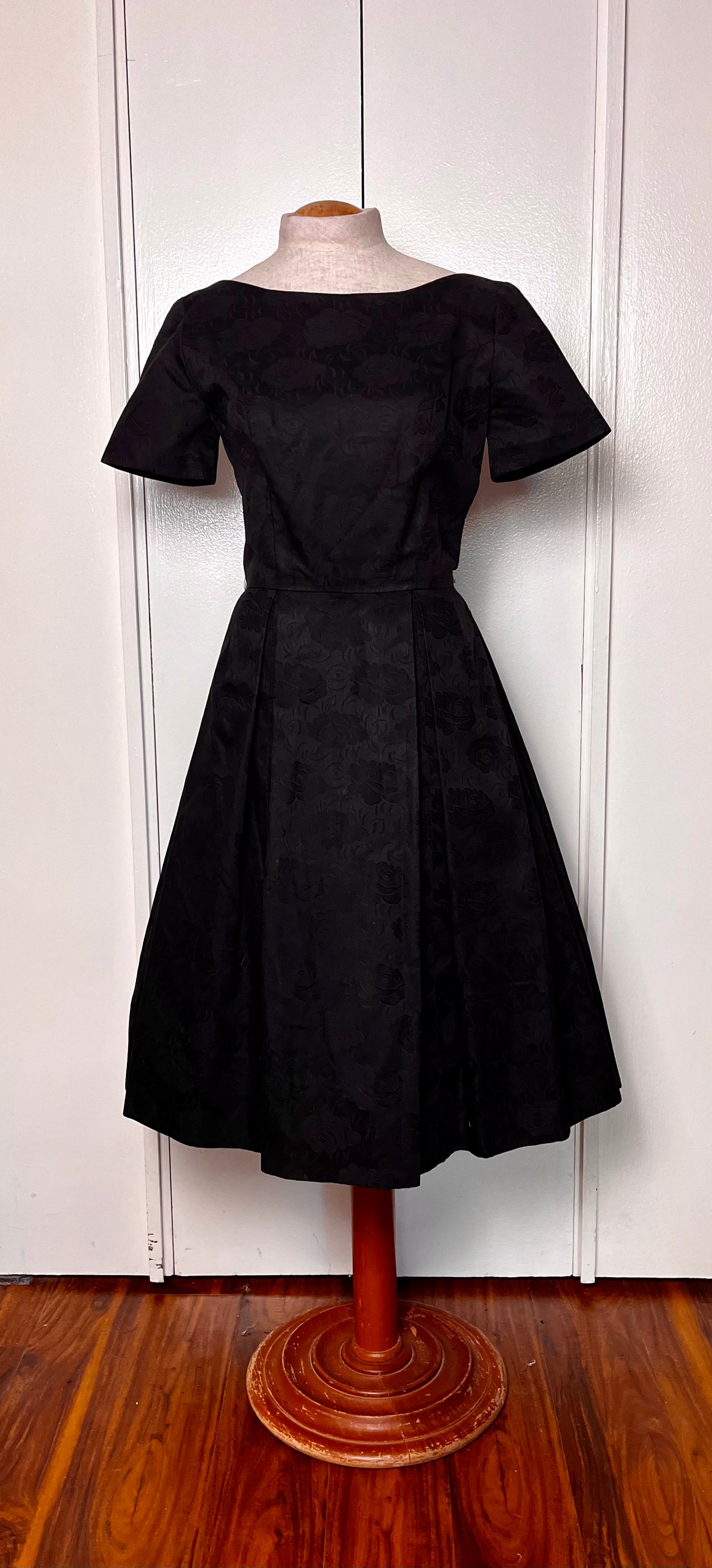 Vintage 1950's Black Embossed Rose Cotton Fit N Flare Dress