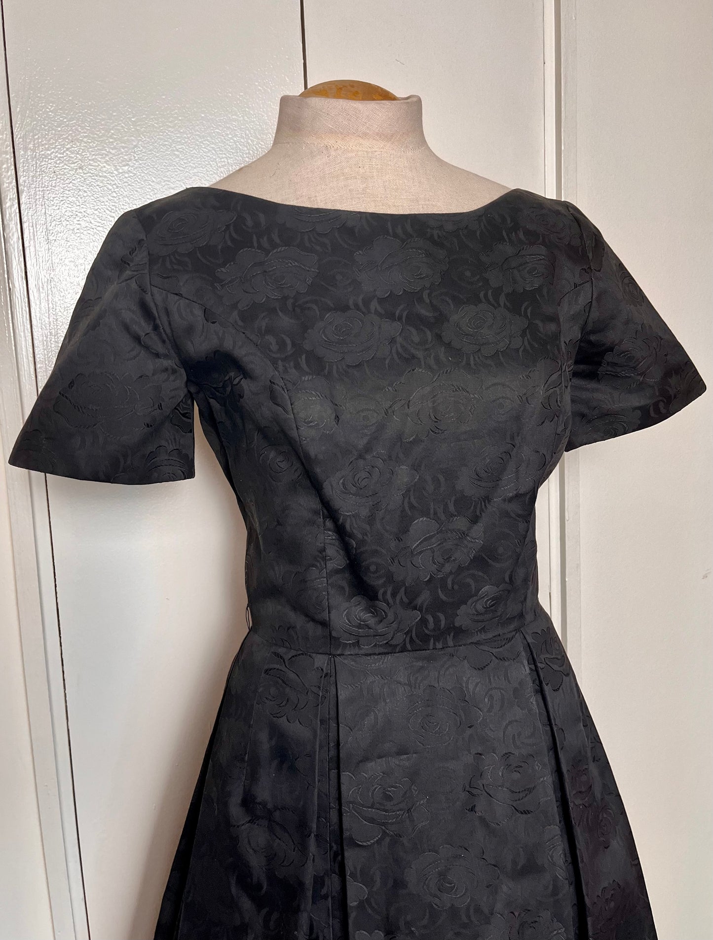 Vintage 1950's Black Embossed Rose Cotton Fit N Flare Dress