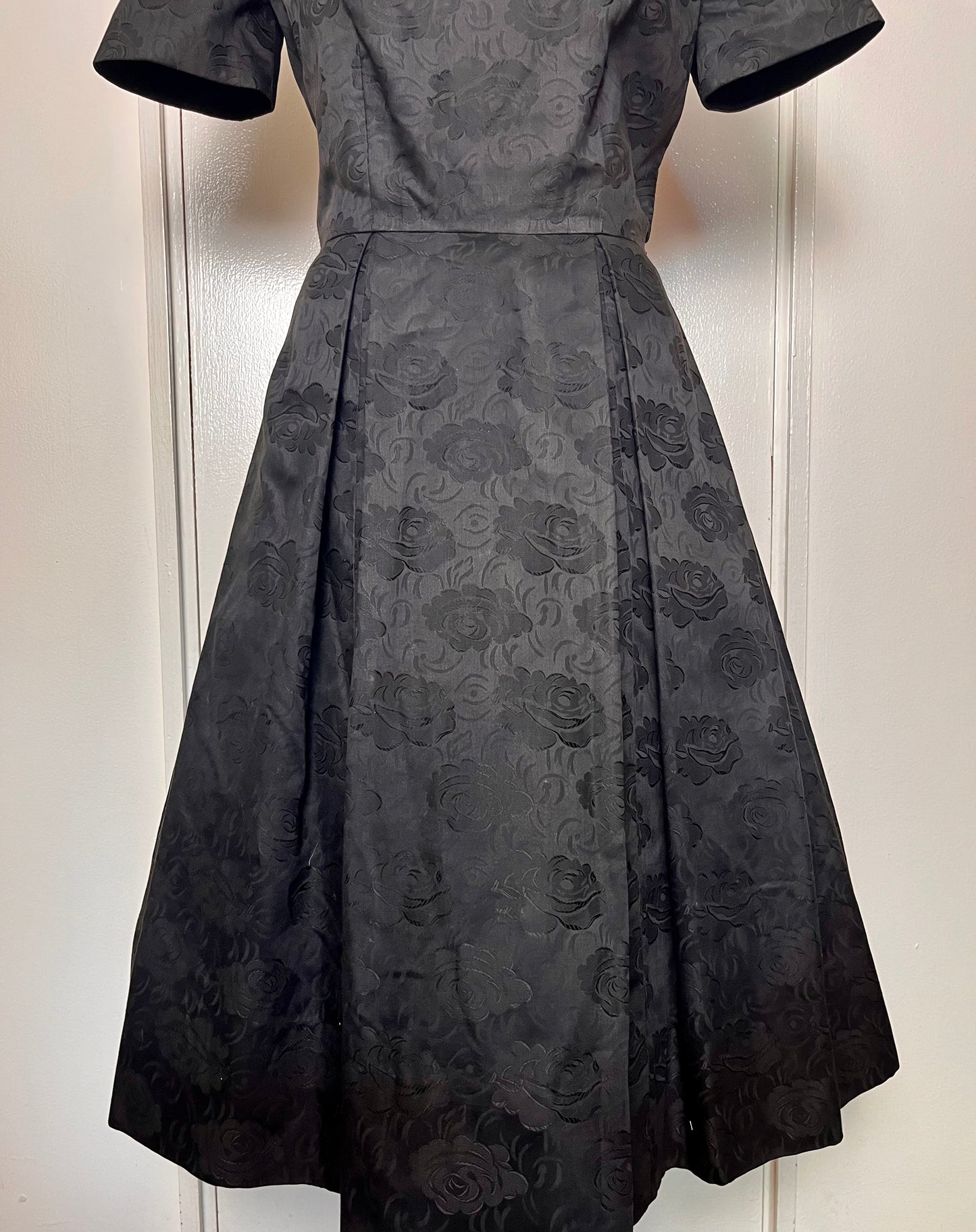 Vintage 1950's Black Embossed Rose Cotton Fit N Flare Dress