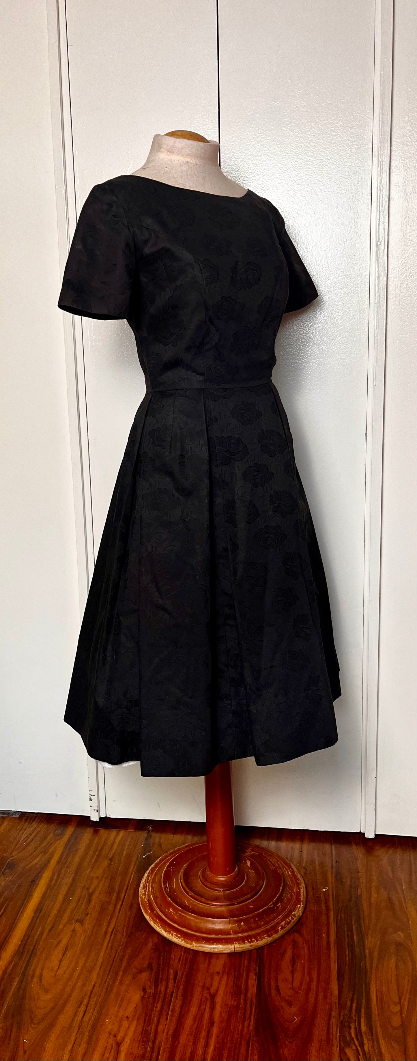 Vintage 1950's Black Embossed Rose Cotton Fit N Flare Dress